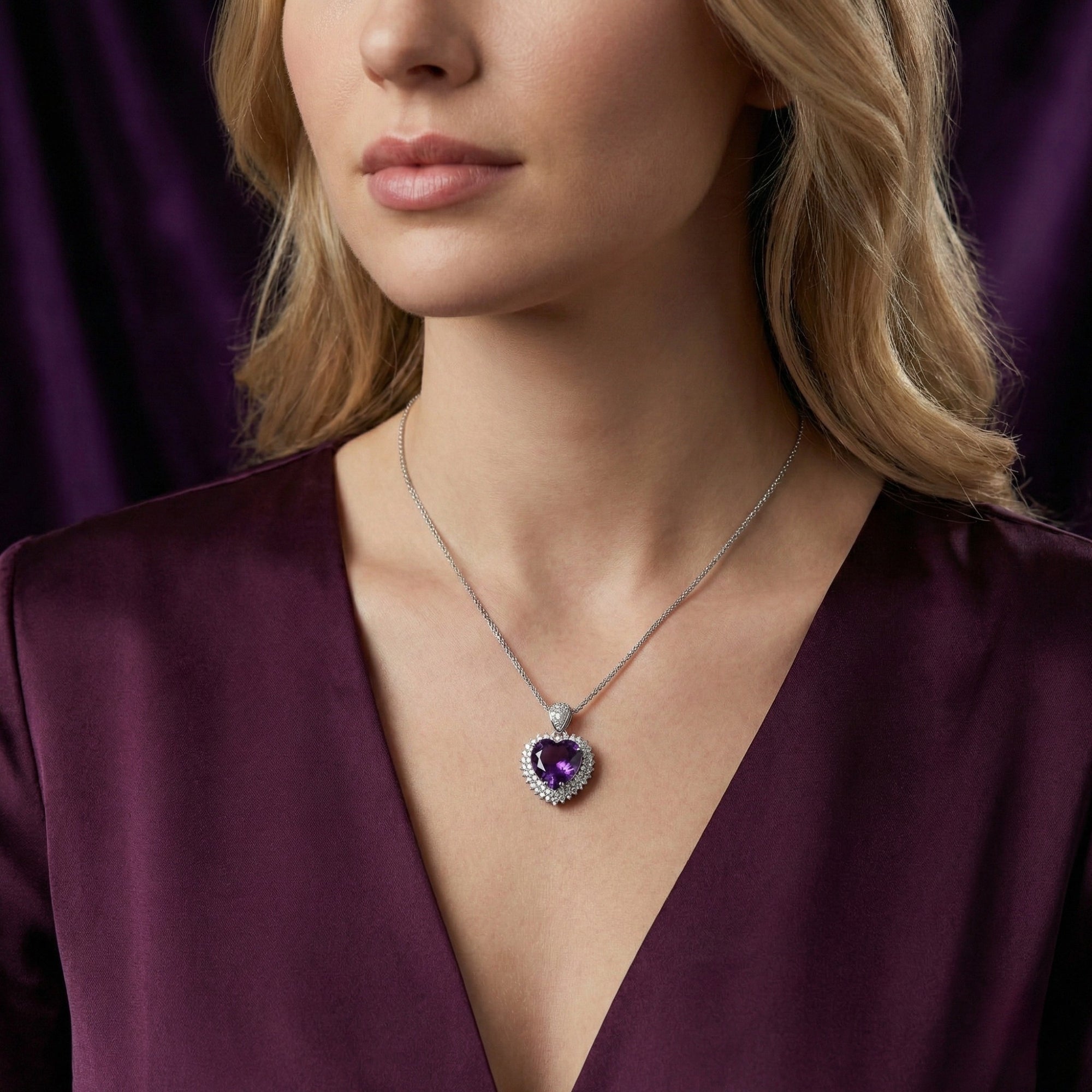 Frontal view of a model wearing the Arabella heart cut amethyst necklace in sterling silver.