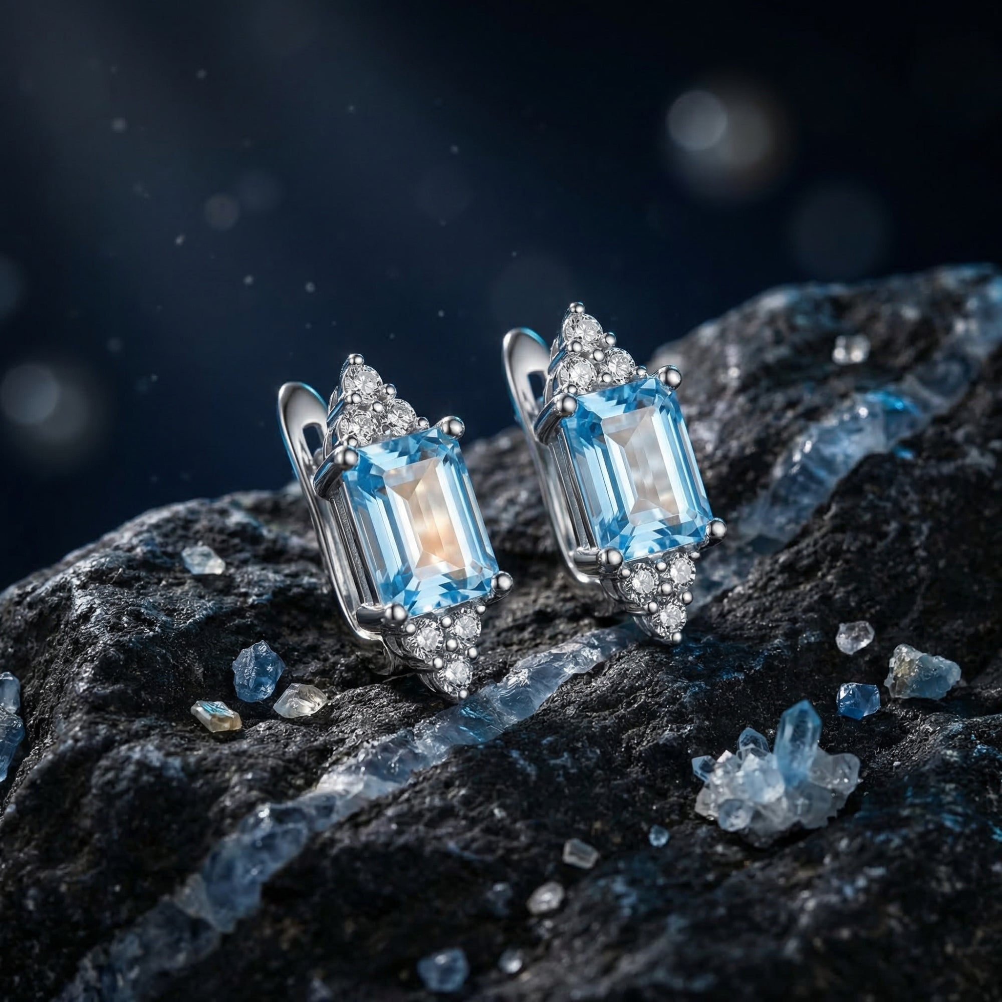 Close-up detail of silver drop earrings featuring faceted emerald cut natural topaz gemstones.