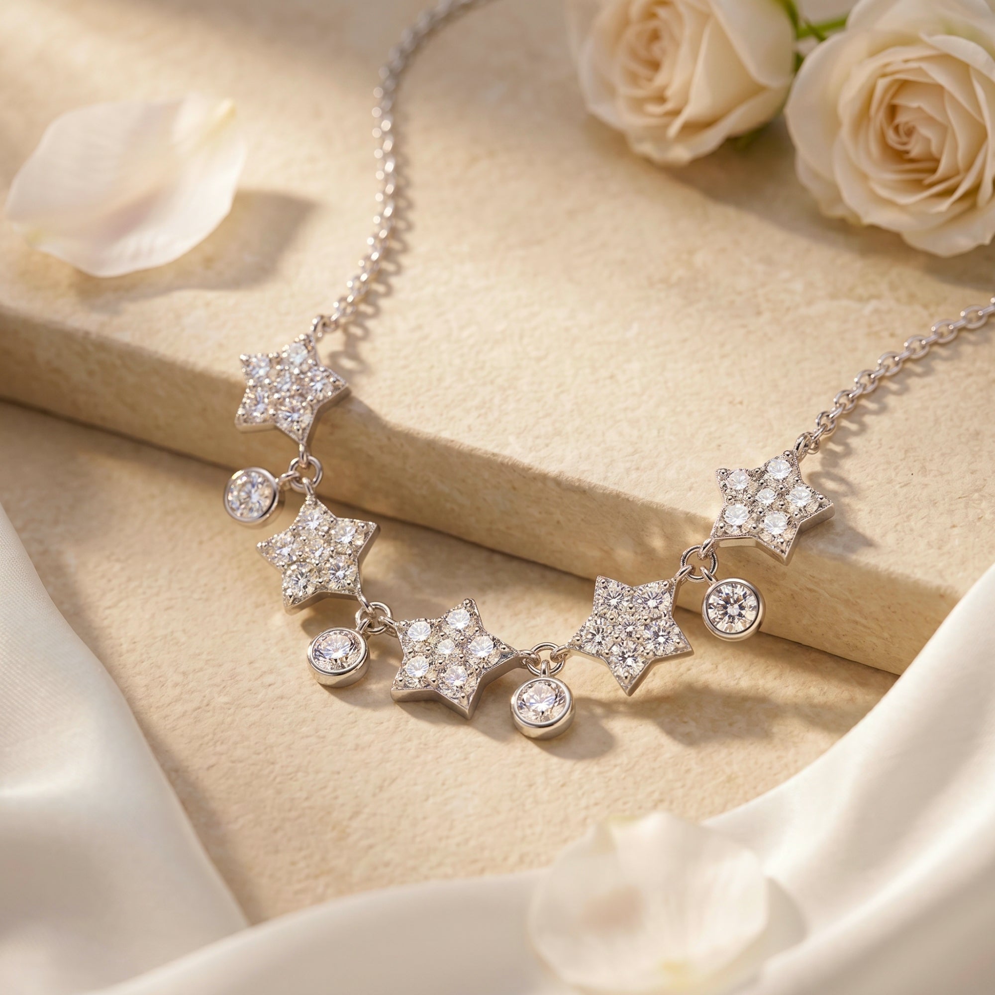 Silver star pendant necklace with round moissanite stones on a stone surface with white roses.