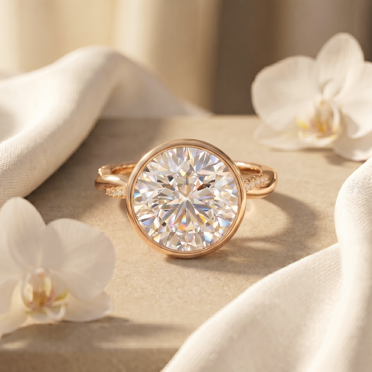 A rose gold round-cut moissanite bezel engagement ring displayed next to white orchids.