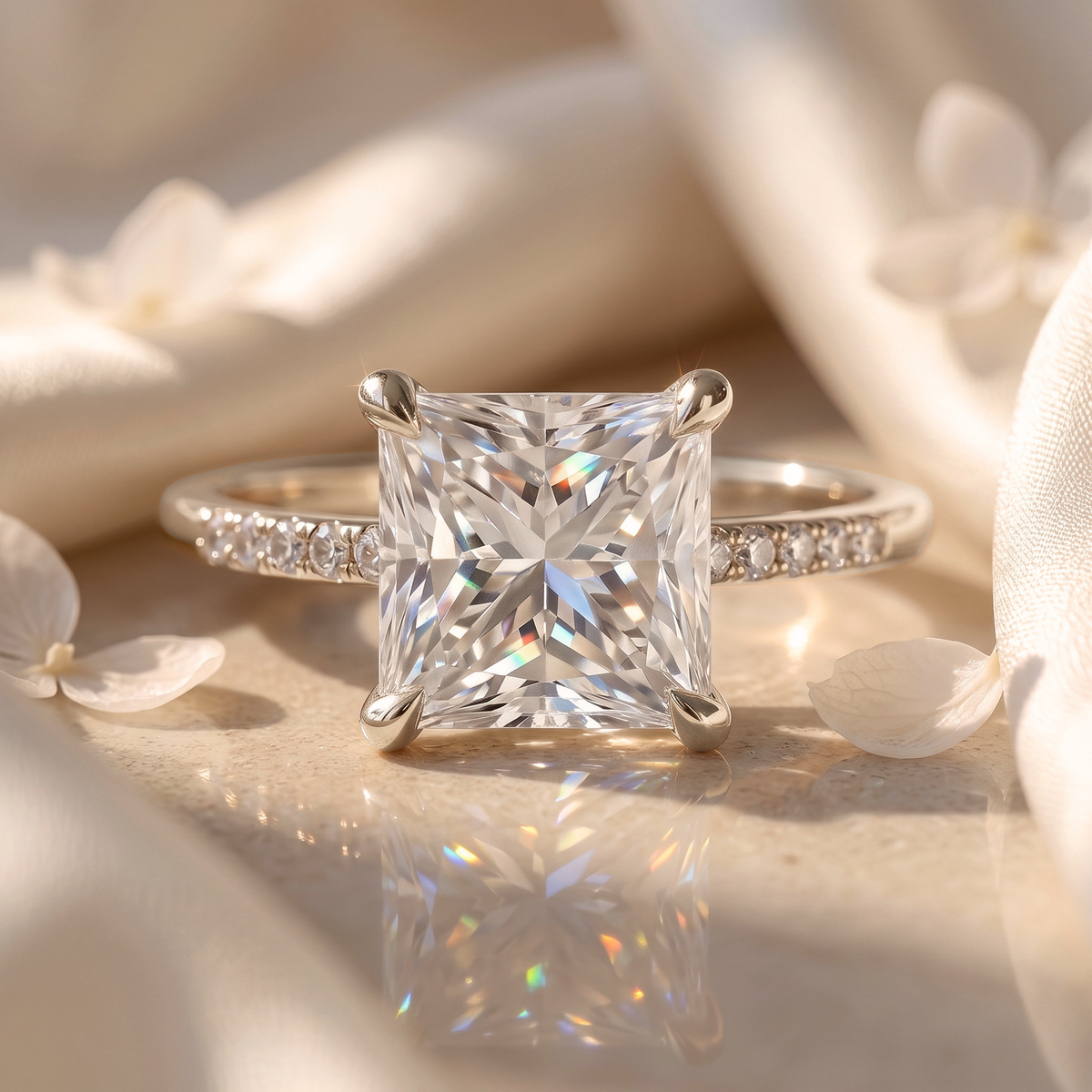 A brilliant white gold princess cut moissanite engagement ring with a pave diamond band, in a clean flatlay view.