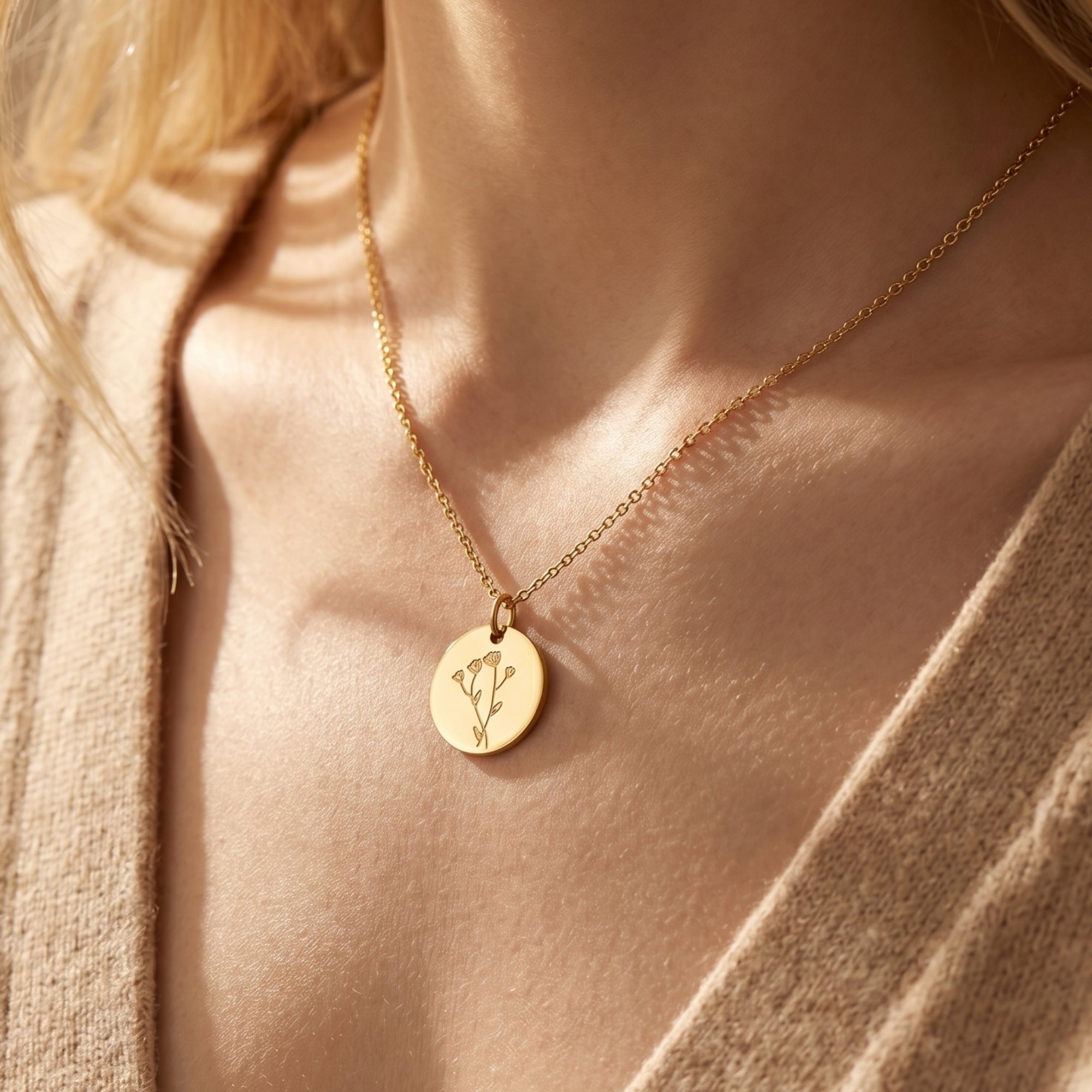 18K gold finish Botanique birth flower necklace with an engraved floral pendant worn by a model.