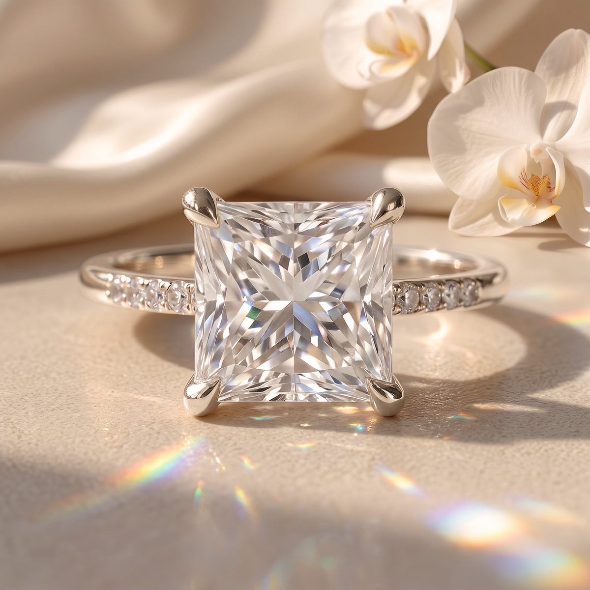 A front view of a princess-cut moissanite engagement ring set in a white gold band with pave diamonds.