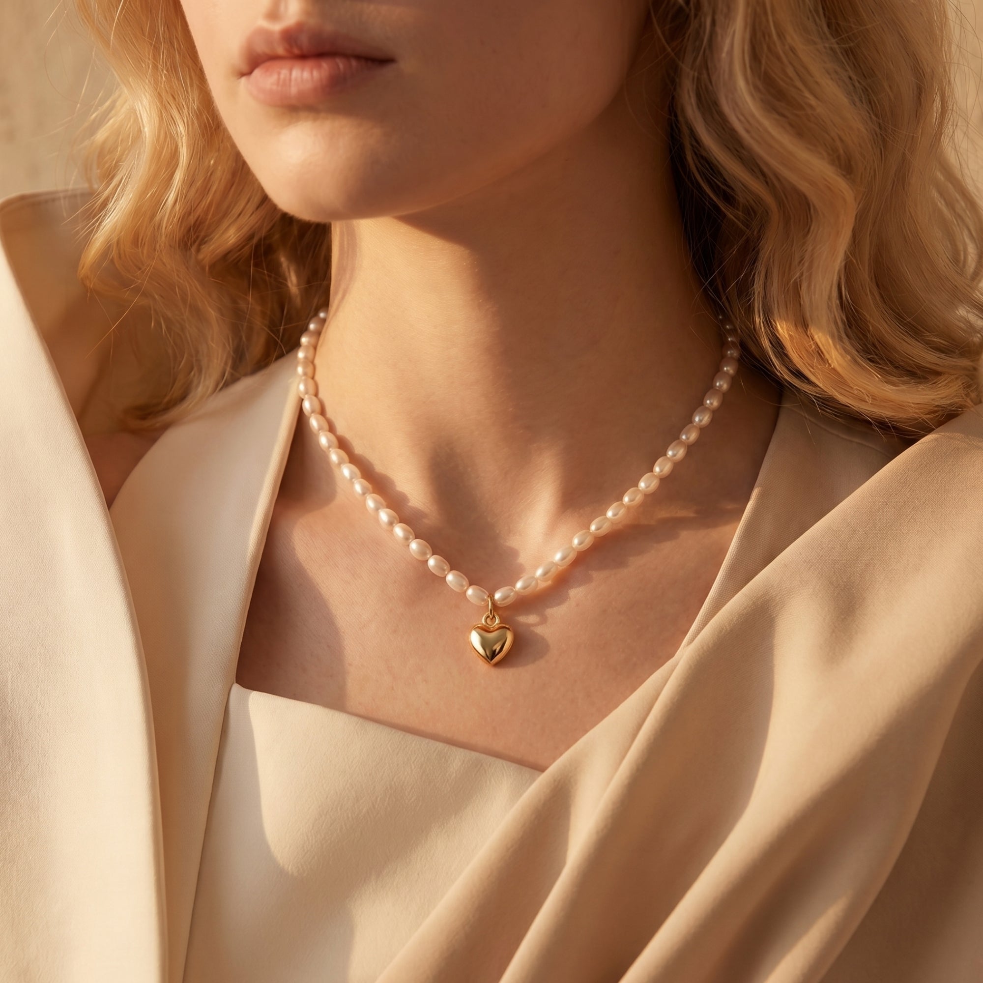 Model wearing The Colette Pearl Necklace, a solid yellow gold heart pendant necklace with white synthetic pearls and a cream blouse.