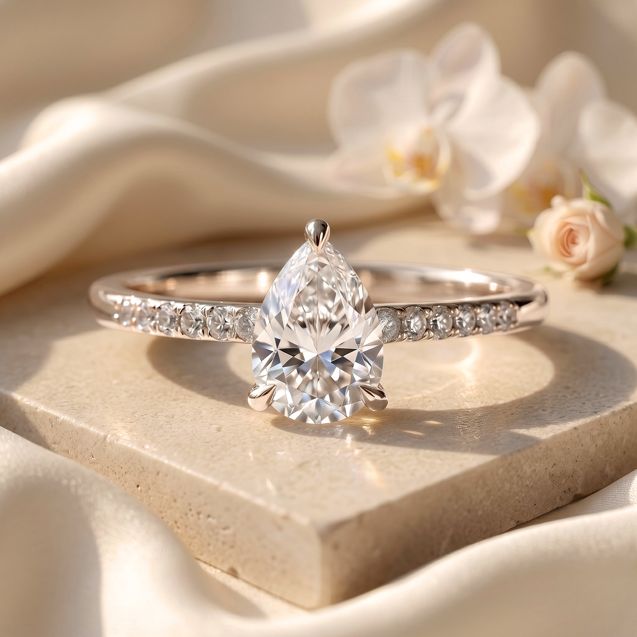 A white gold pear-shaped moissanite engagement ring with a brilliant pave band on a stone tile.