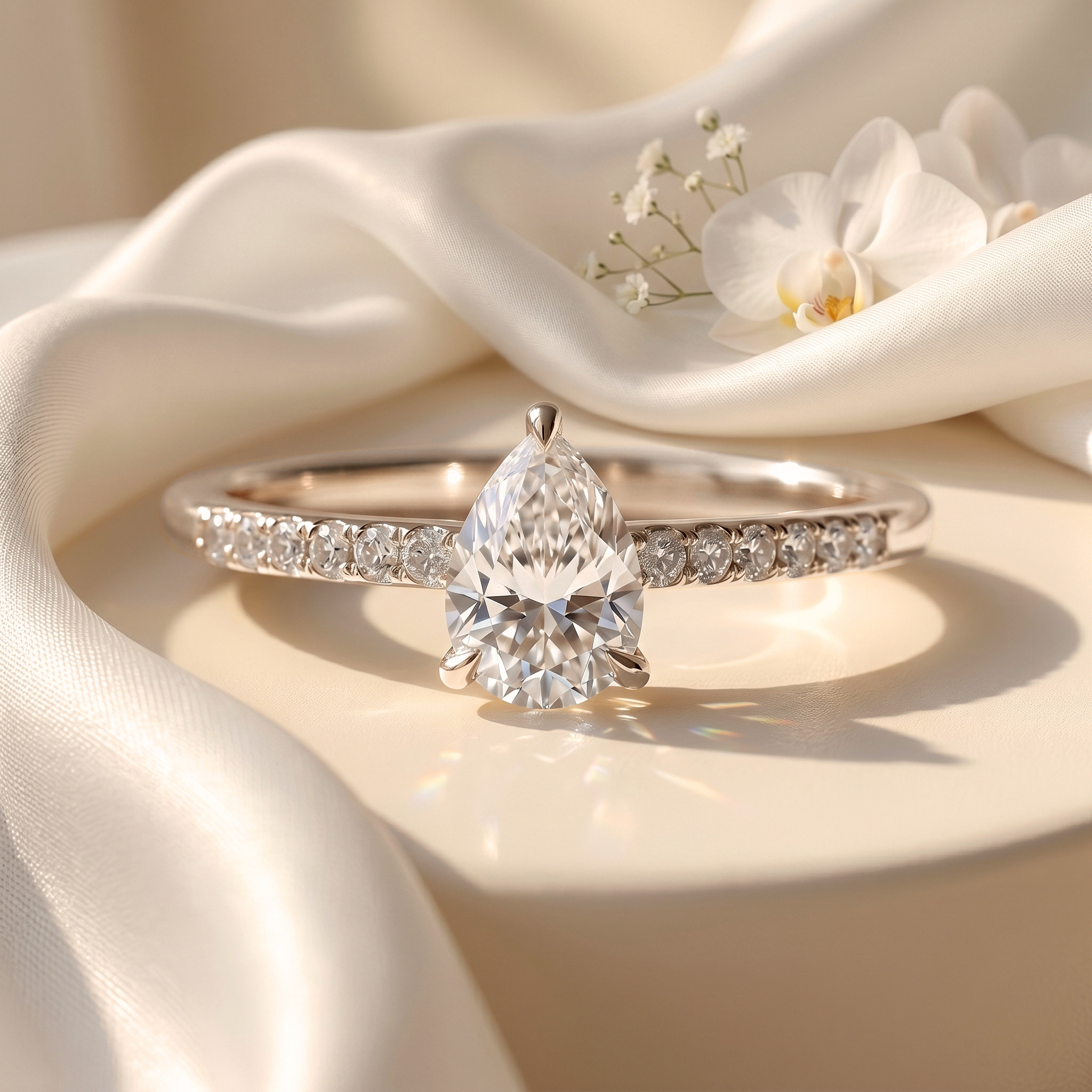 A brilliant pear-cut moissanite engagement ring in white gold on a white silk background.