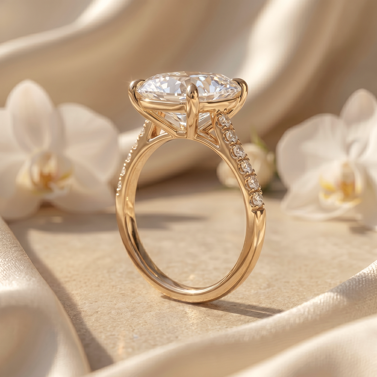 Side profile view of the yellow gold cushion-cut moissanite engagement ring, showcasing its diamond gallery rail and pave band details.