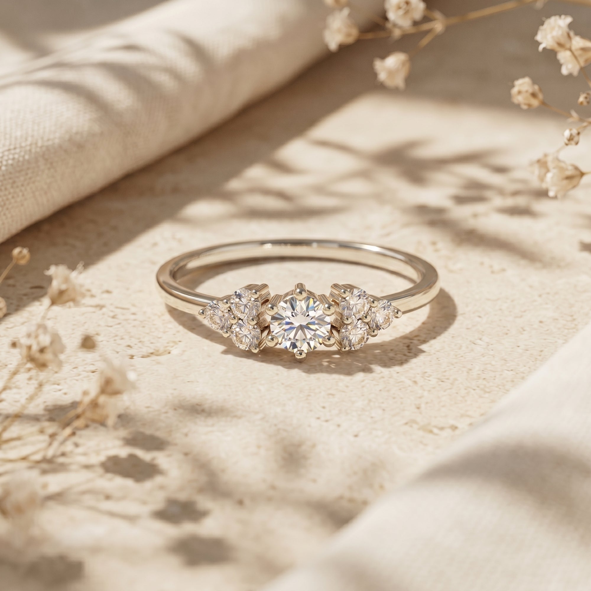 Silver Aurestria promise ring with a round cut 1CT moissanite center stone and side clusters in a lifestyle setting.