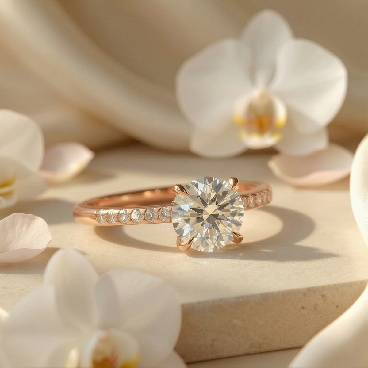 A rose gold round-cut moissanite engagement ring featuring a sparkling pavé band, beautifully styled with soft white orchids.