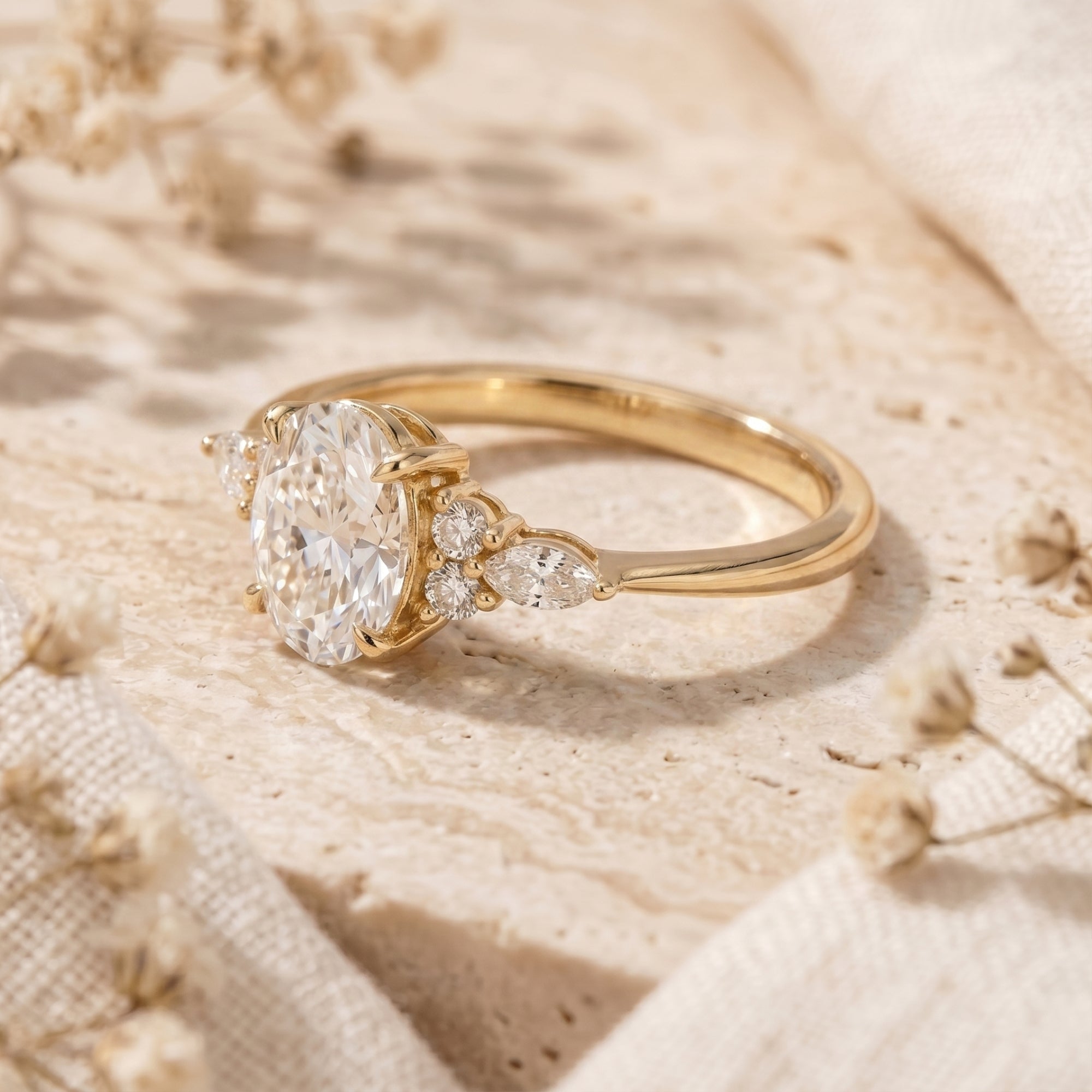 Close-up side view of a gold oval moissanite ring showing prong details.