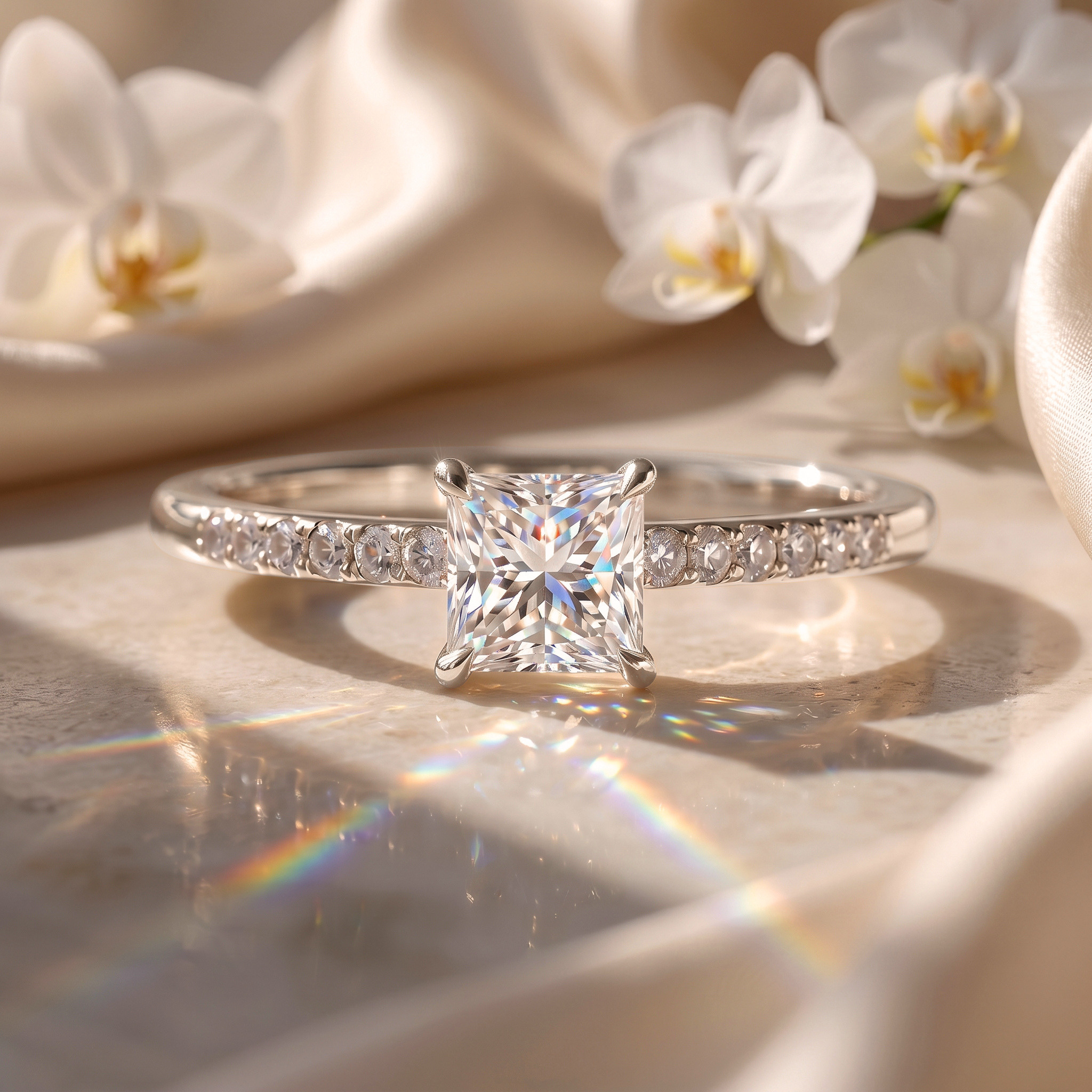 A elegant princess cut moissanite engagement ring on a pavé white gold band, displayed on a marble surface.