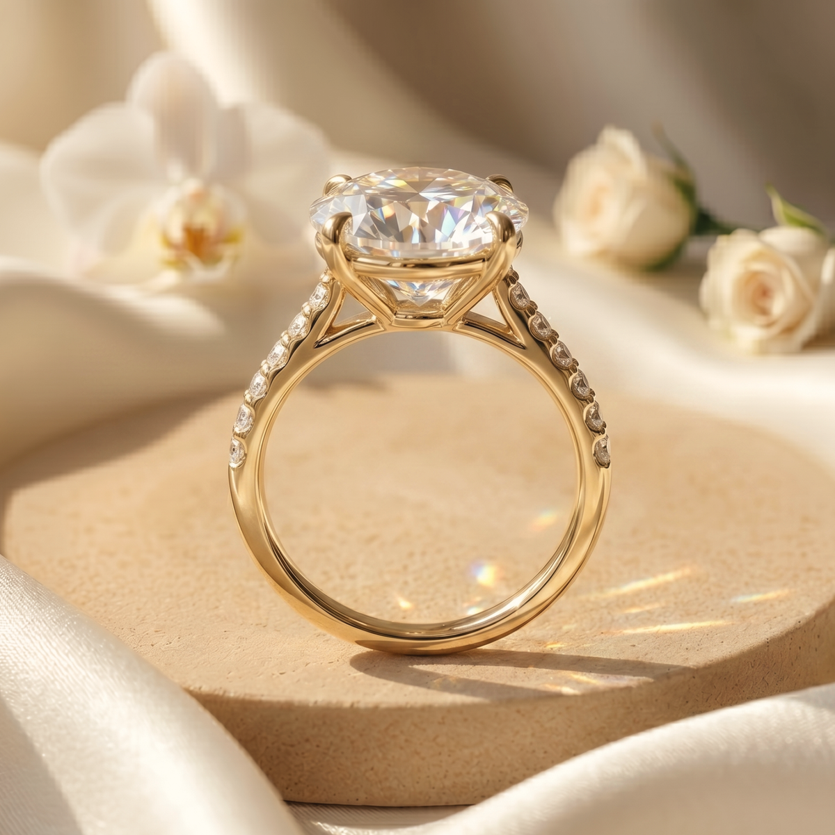 Profile view of a round-cut moissanite solitaire ring in yellow gold, displaying the intricate basket and pavé diamond setting.