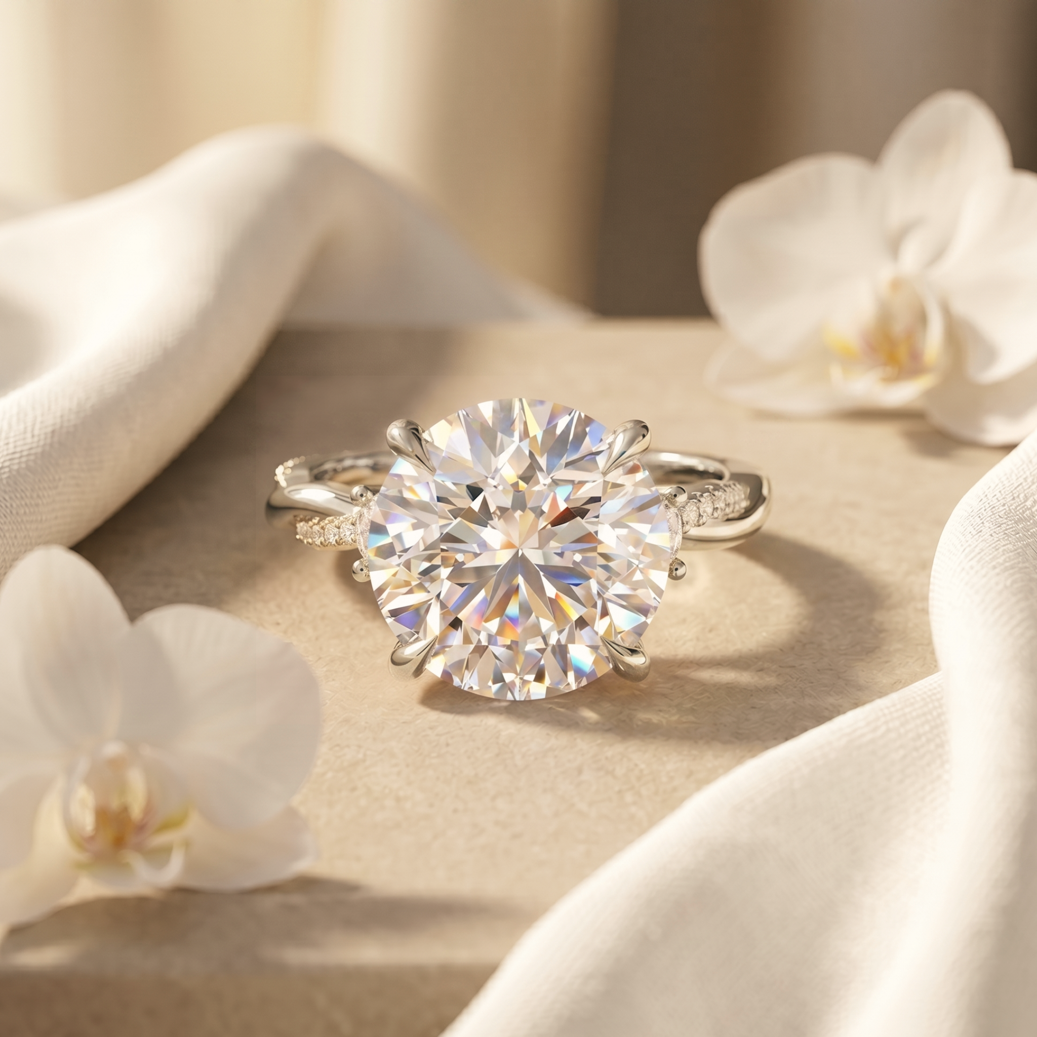 A round-cut moissanite engagement ring in white gold, presented on a textured beige surface next to white orchid petals.