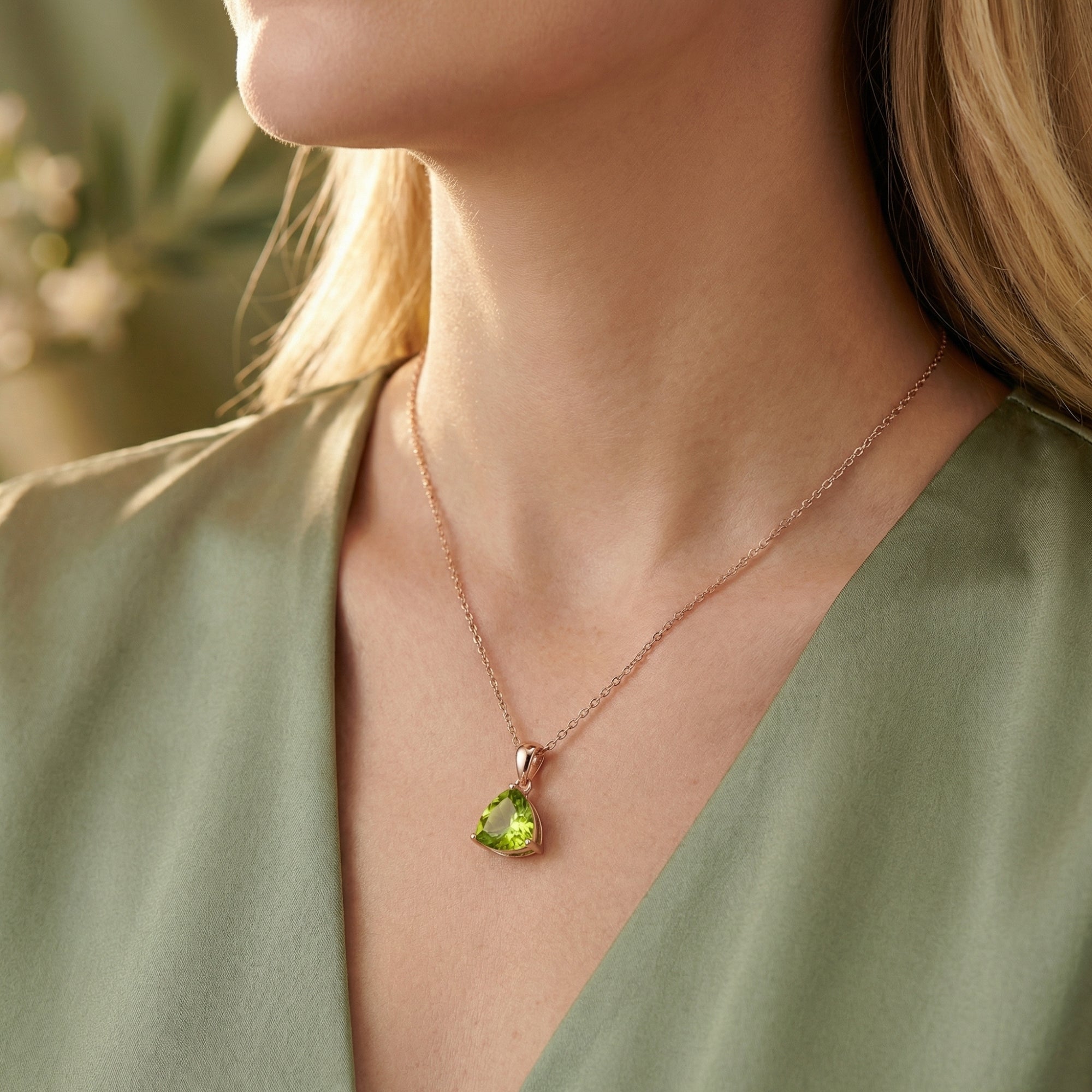 Triangle cut peridot solitaire pendant in 18K rose gold vermeil worn by a model with a green V-neck top.