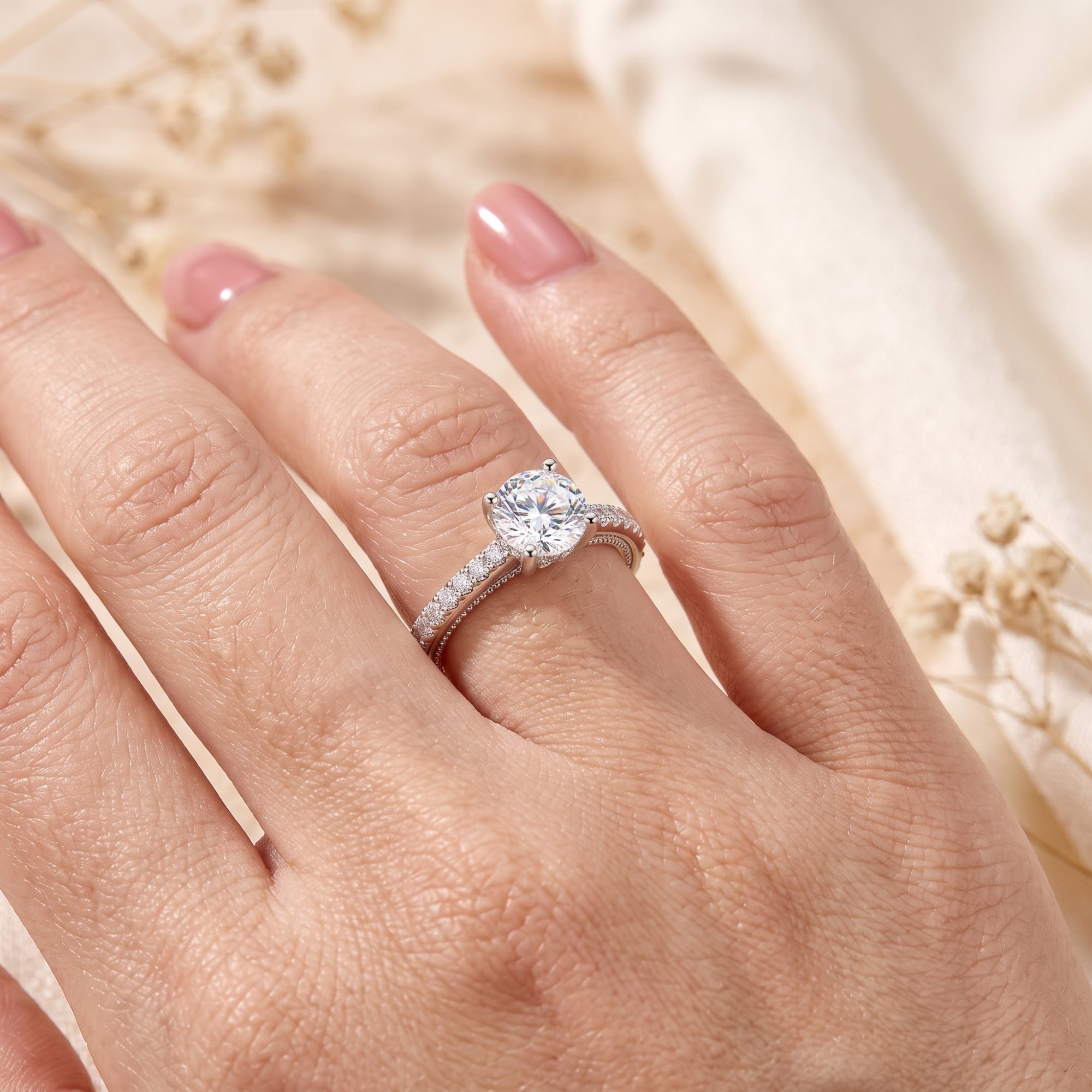 Top view of the Calliandra round-cut simulated diamond solitaire ring in sterling silver on a hand.