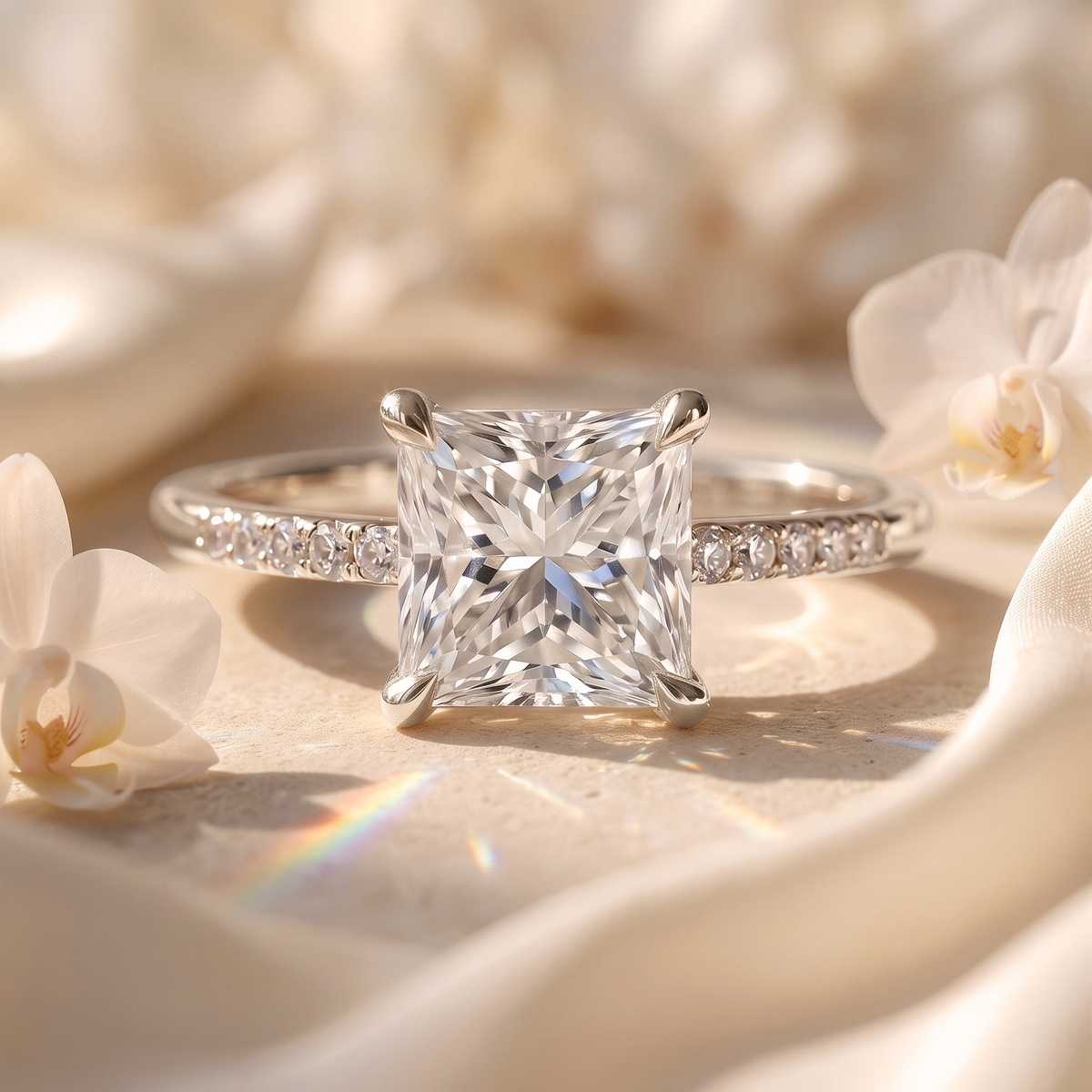 A princess-cut moissanite engagement ring with a white gold pavé band, displayed on a soft cream background with orchids.
