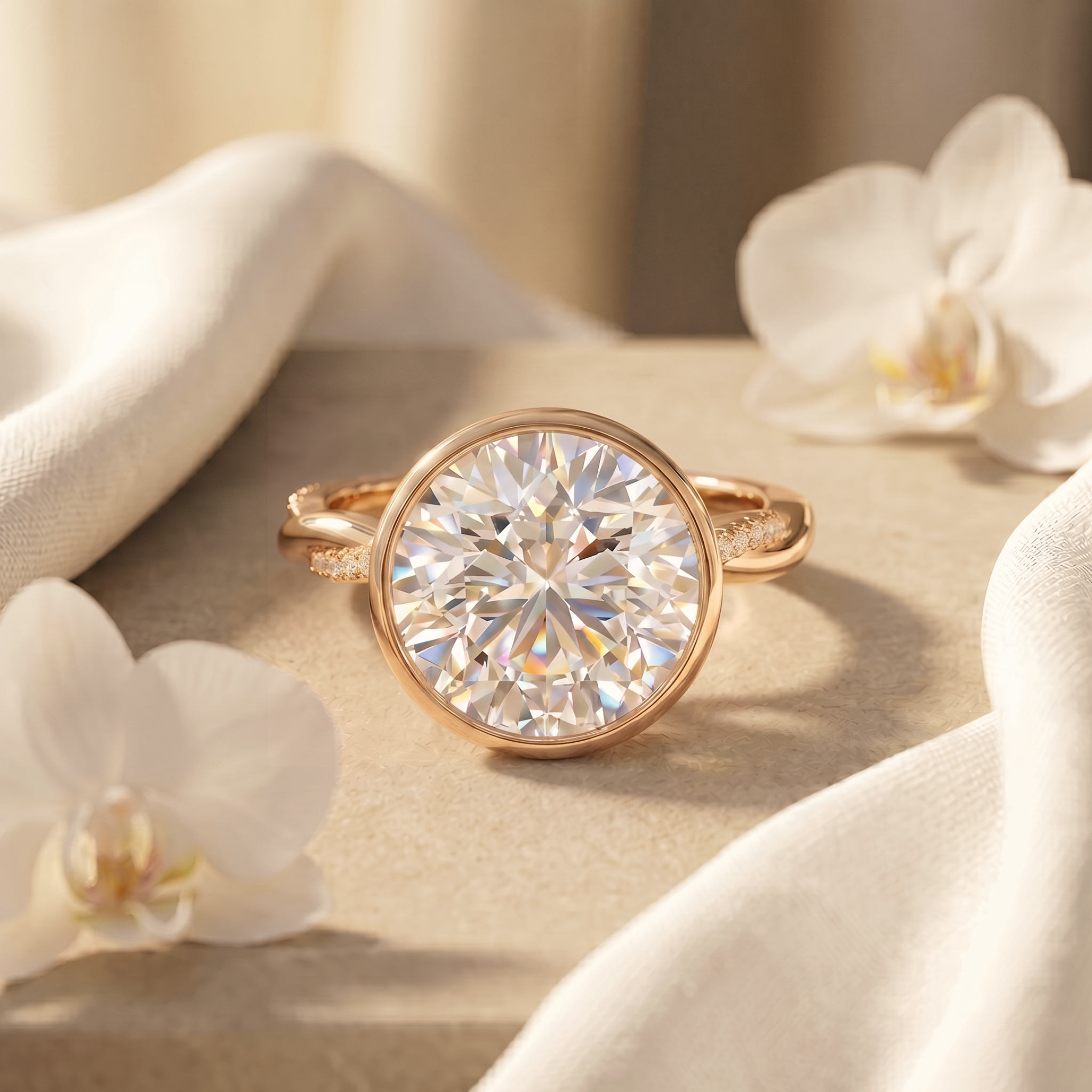 A round-cut moissanite bezel-set engagement ring in rose gold displayed on a textured surface with orchid petals.