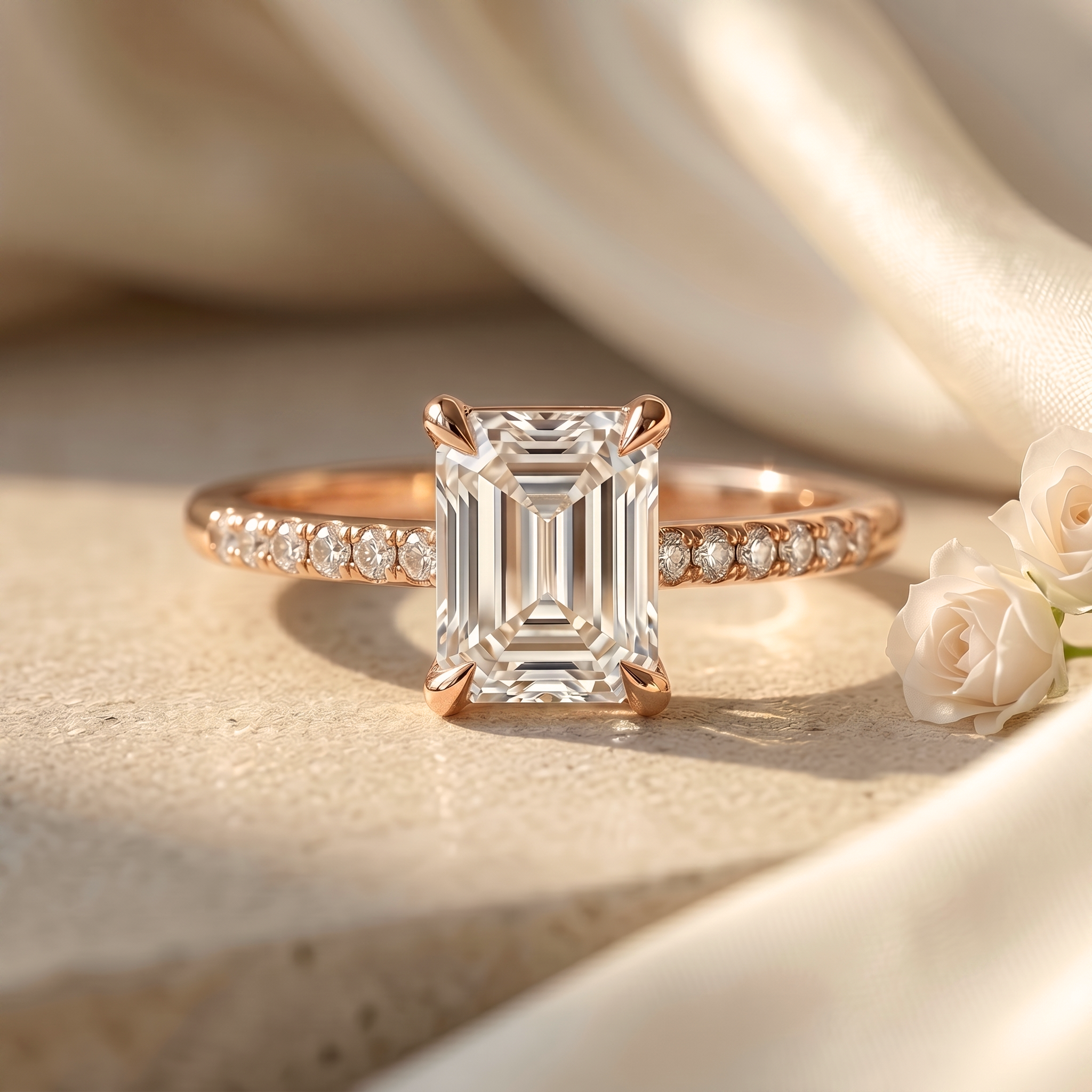 An elegant front-facing view of an emerald-cut moissanite engagement ring with a diamond-accented rose gold band.