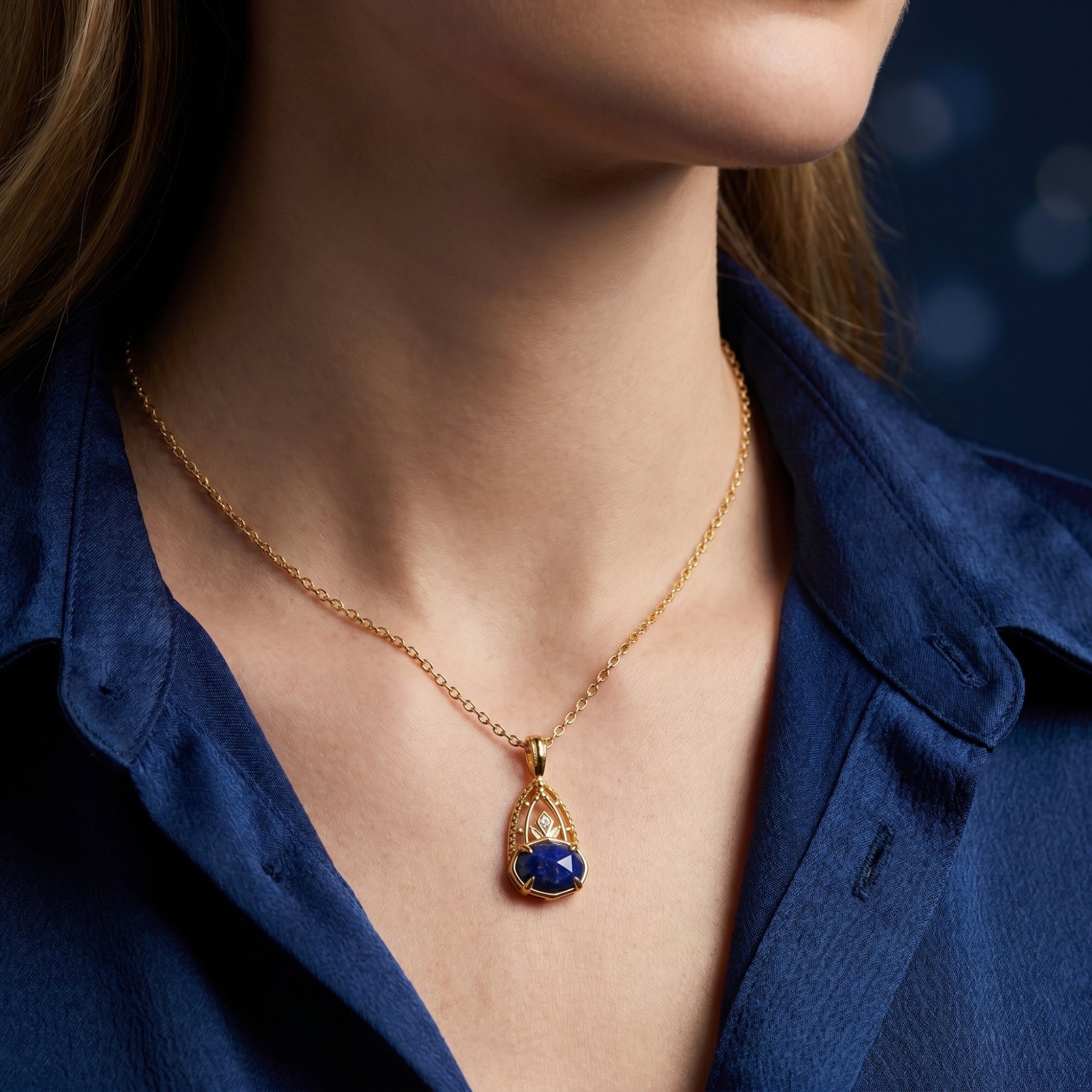 Model wearing the yellow gold Azure Crest lapis necklace over a blue shirt, highlighting the pendant's size and color.