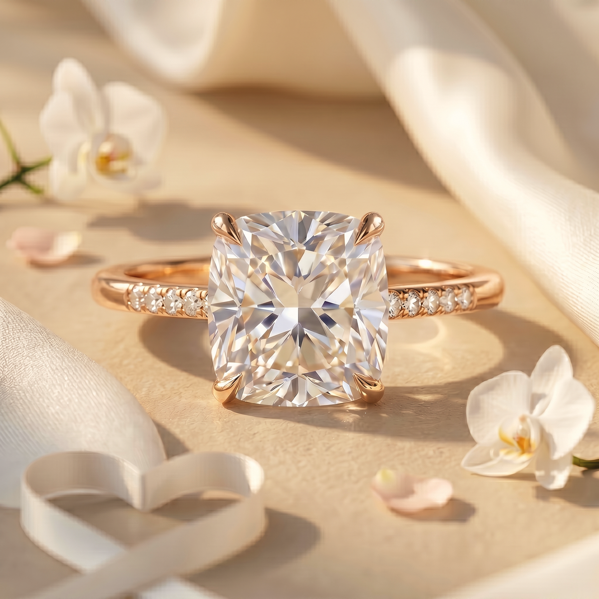 A beautiful rose gold cushion-cut moissanite engagement ring set against a soft fabric background.