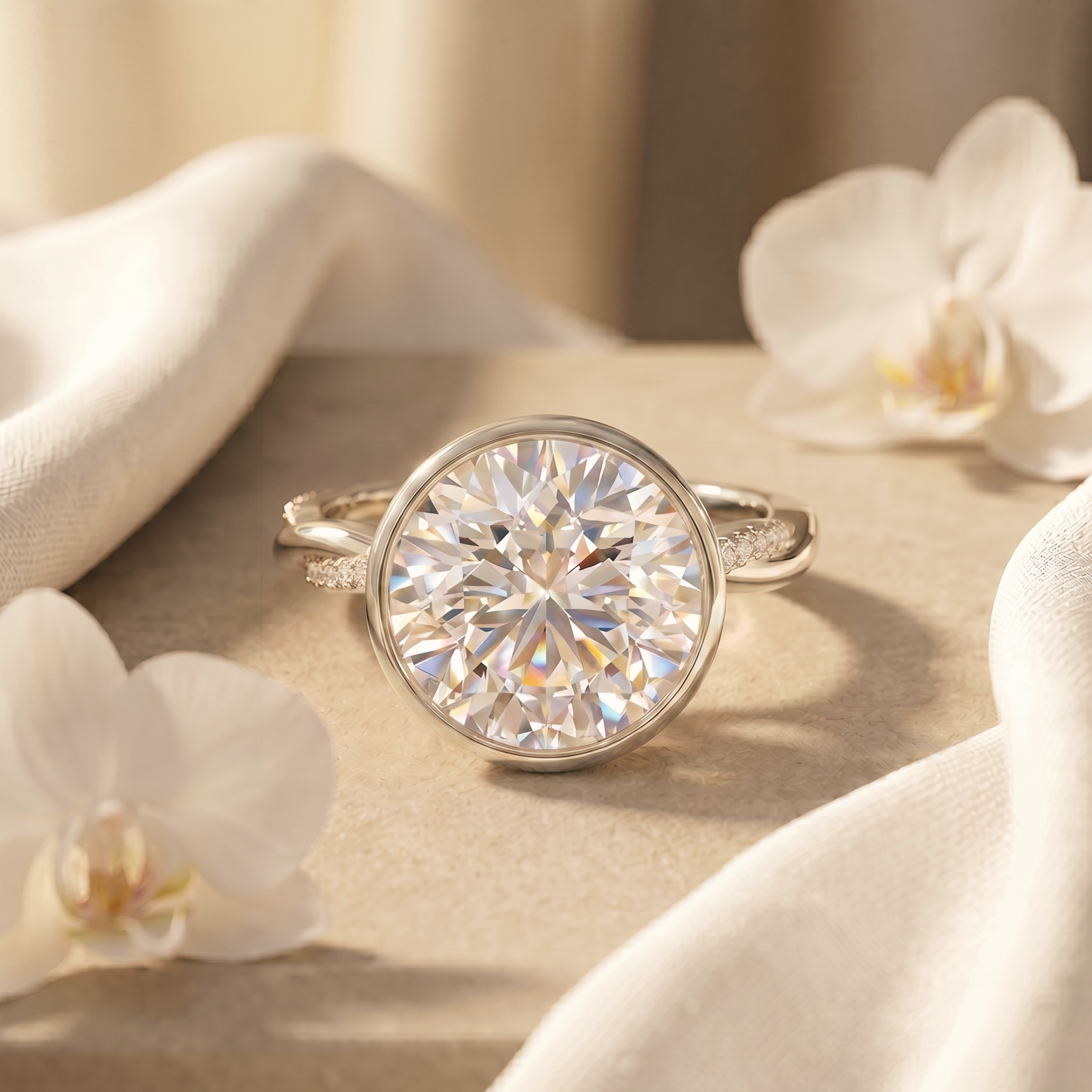 A white gold round-cut moissanite bezel engagement ring showcased on a stone surface with white orchids.