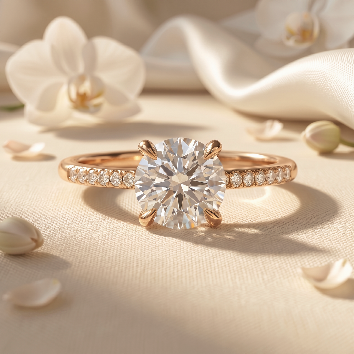 A beautiful round-cut moissanite engagement ring with a rose gold pave band, set on a luxurious cream silk background.