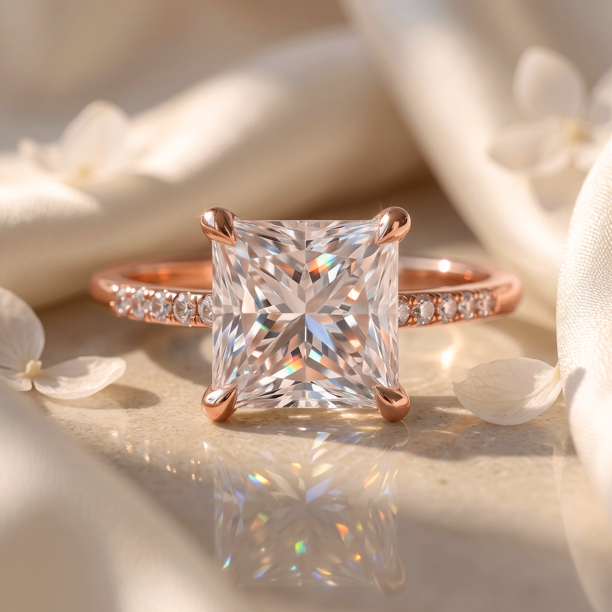 An elegant rose gold princess cut moissanite engagement ring with diamond accents along the band, displayed in a flatlay setting.