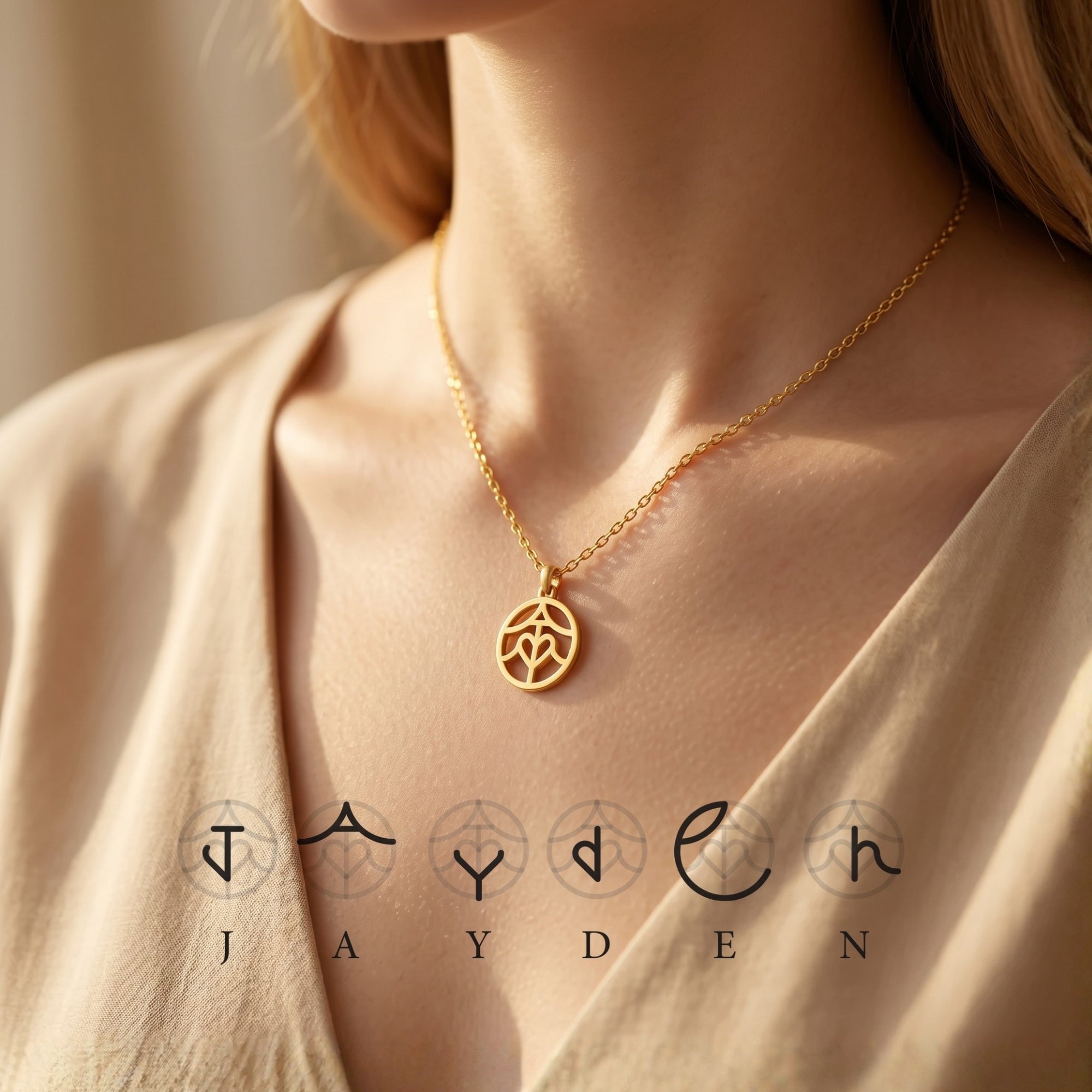Model wearing the 18K gold custom monogram pendant necklace.