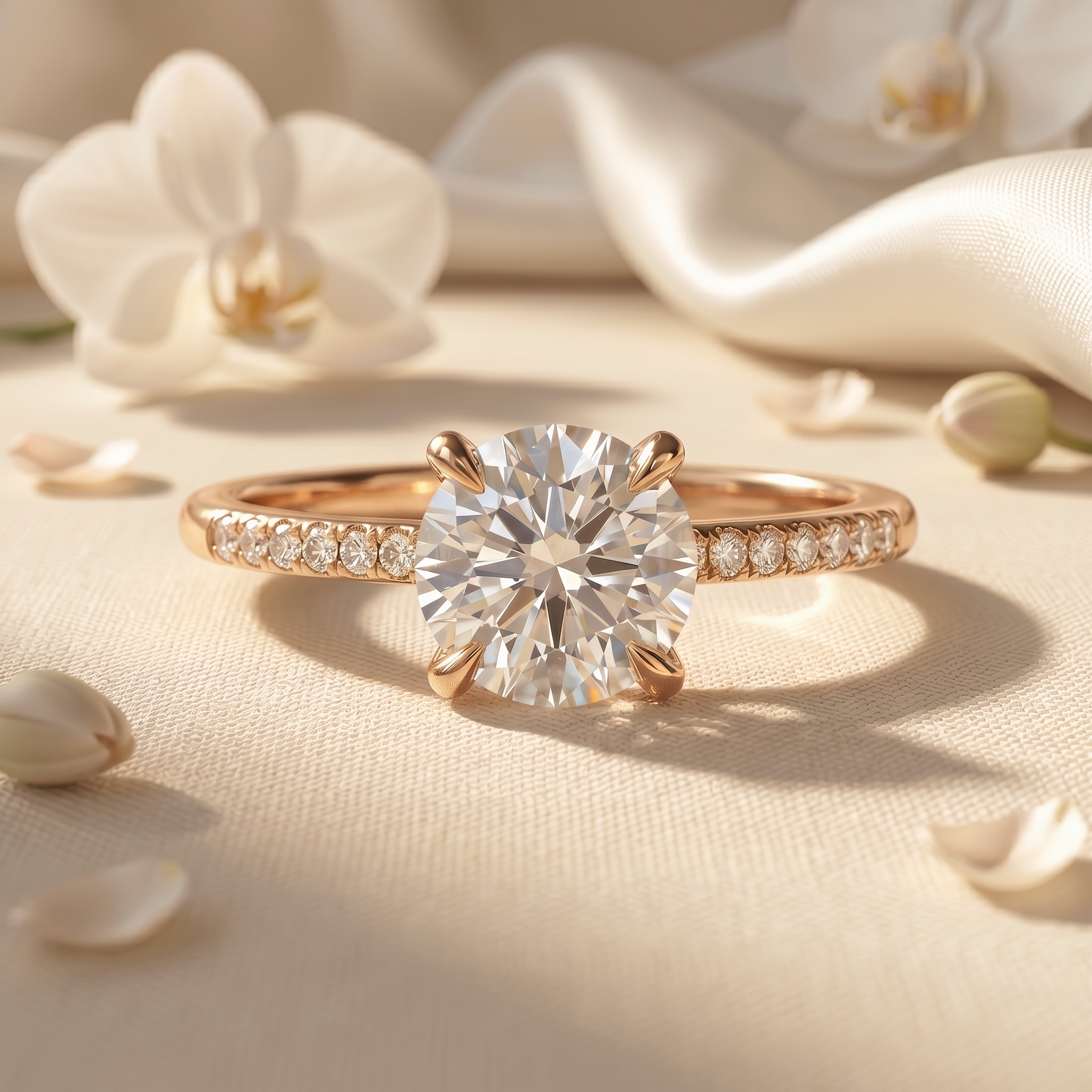 A rose gold moissanite engagement ring with a round-cut center stone and pavé diamond band displayed on soft cream silk.