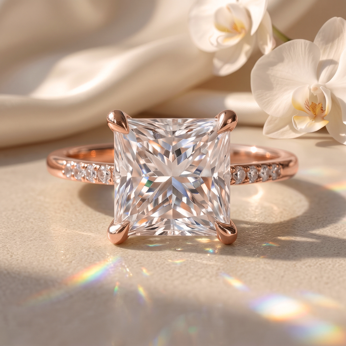 A front view of a princess-cut moissanite engagement ring set in a rose gold band with pave diamonds.