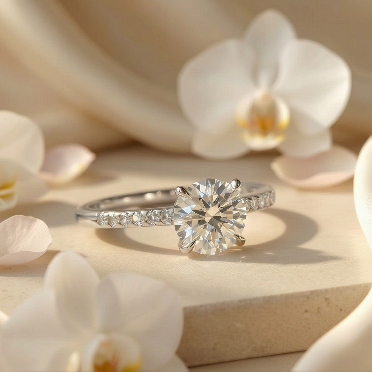 A white gold round brilliant moissanite engagement ring with a paved band, surrounded by delicate white orchids.