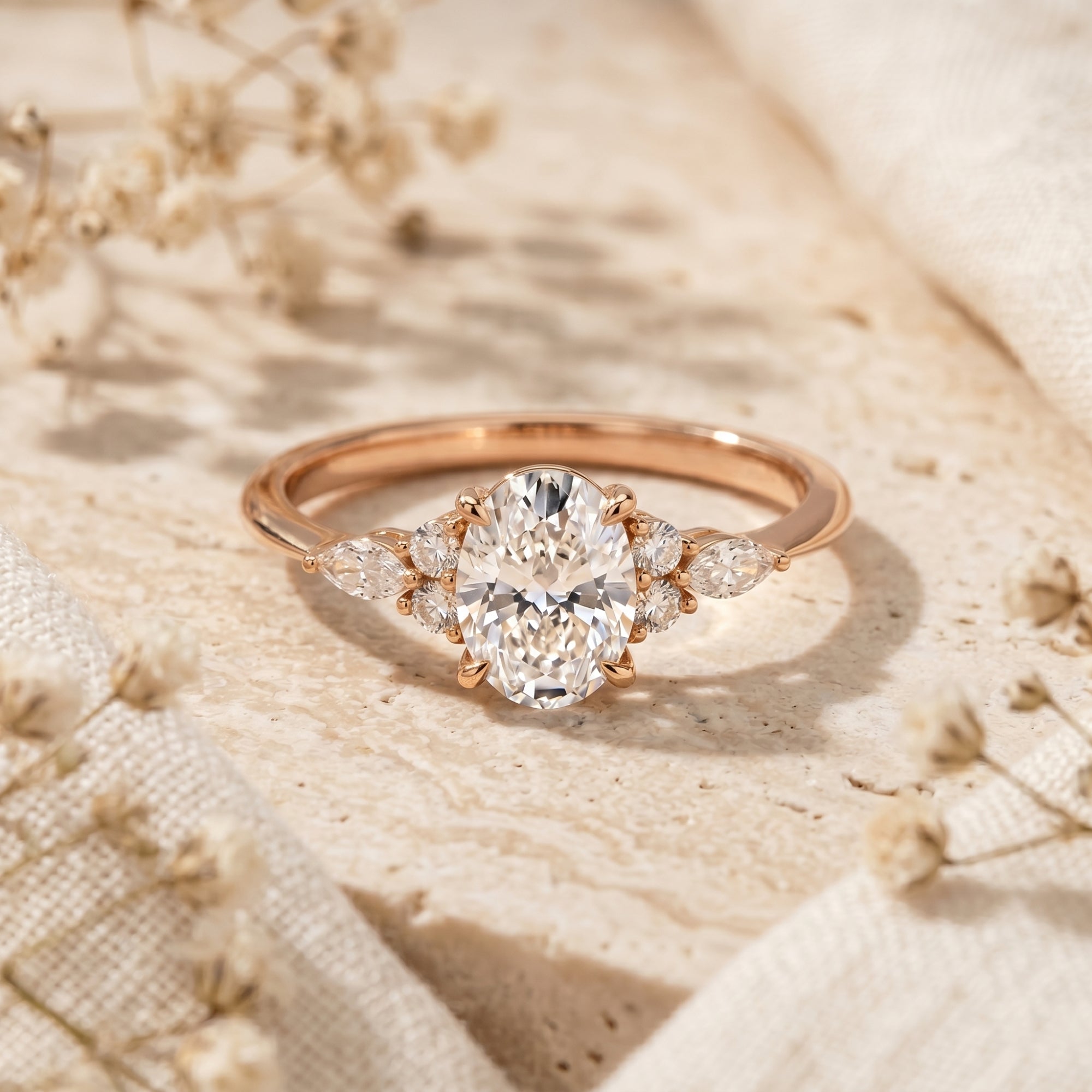 Rose gold oval moissanite ring with side accents on a warm stone surface.