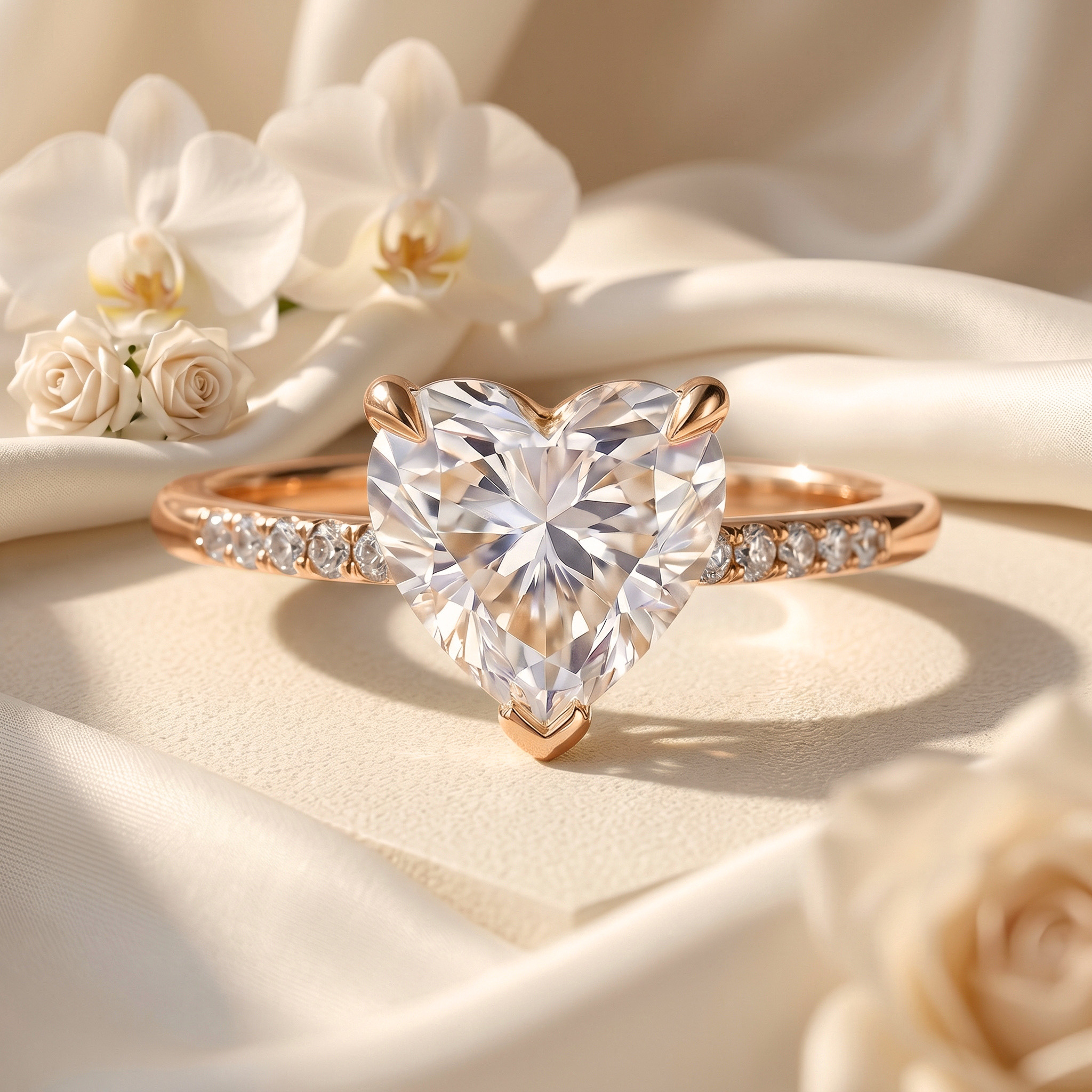 An elegant rose gold engagement ring with a romantic heart-shaped moissanite center stone and pave band on a luxurious silk background.