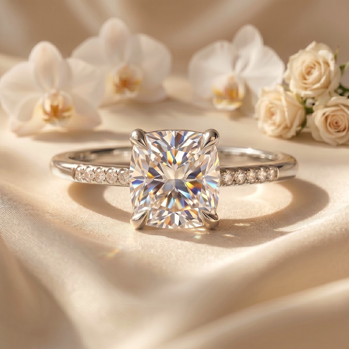 A white gold cushion-cut moissanite engagement ring with a shimmering diamond band on a luxurious silk background.