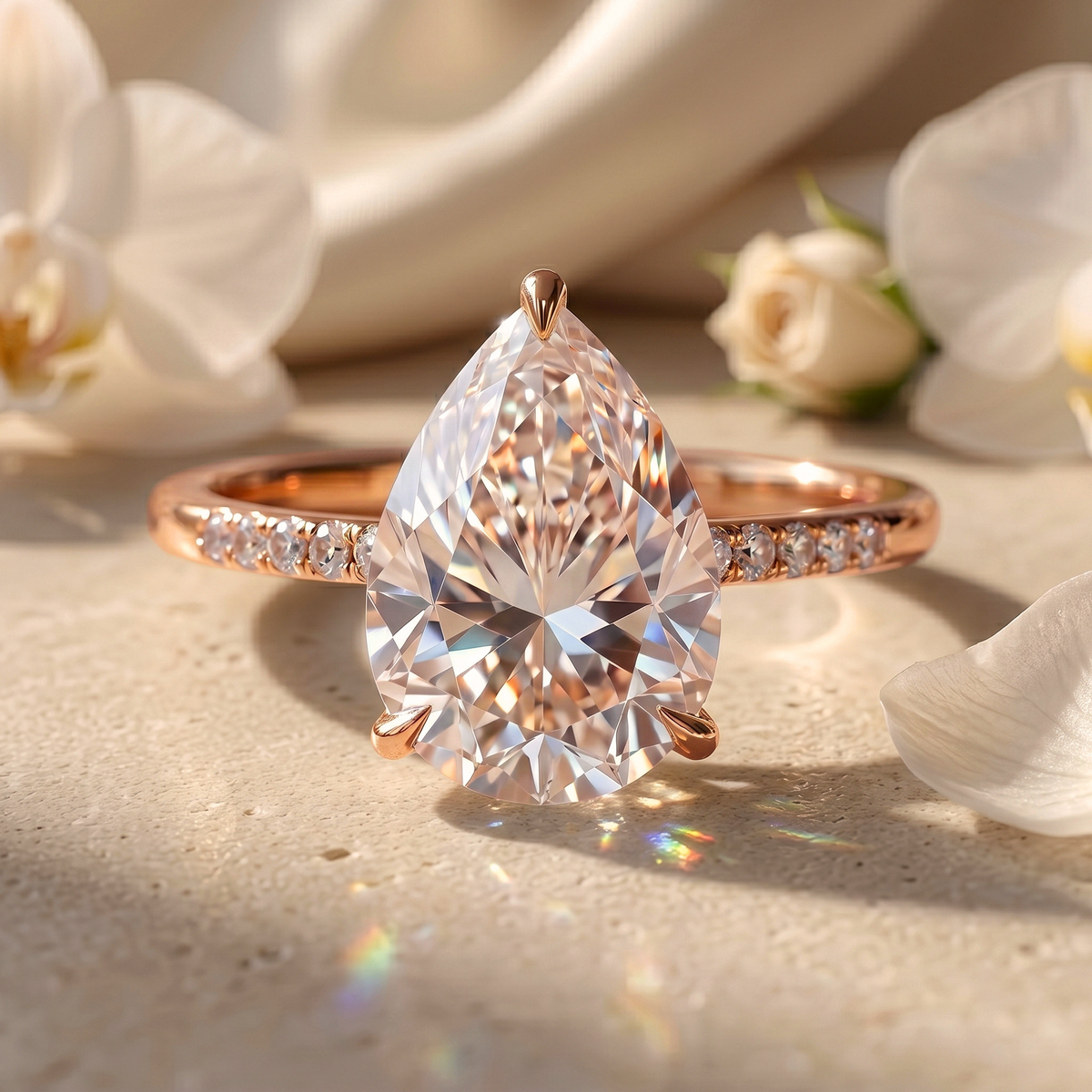 A rose gold moissanite engagement ring showcasing a stunning pear-shaped gemstone on a diamond-pave band.