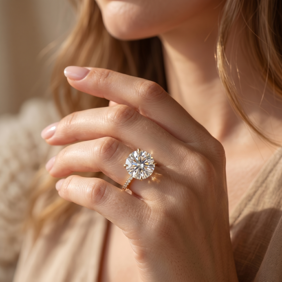 A model wearing a large round-cut moissanite solitaire ring with a pavé gold band, showcasing its sparkle on the hand.