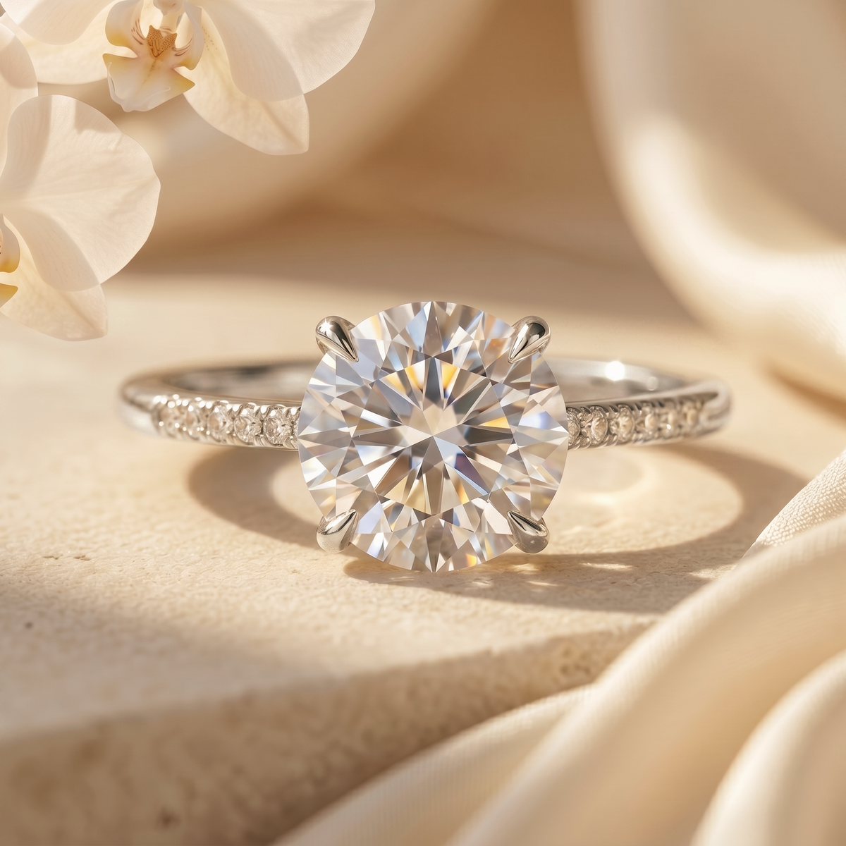 A classic round-cut moissanite engagement ring in a white gold pavé band.