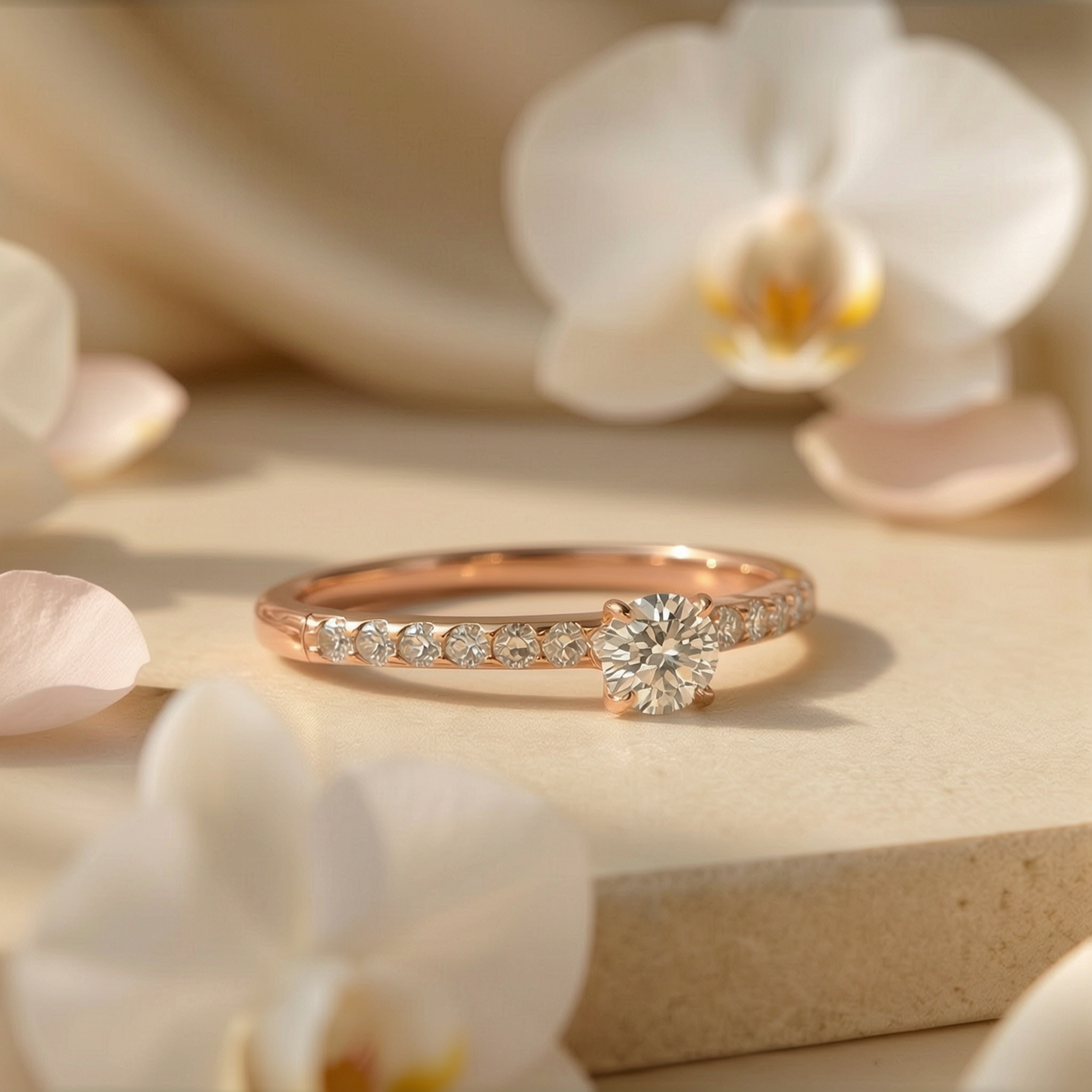 A round-cut moissanite engagement ring in rose gold with a pavé band, presented on a light neutral background with white orchids.