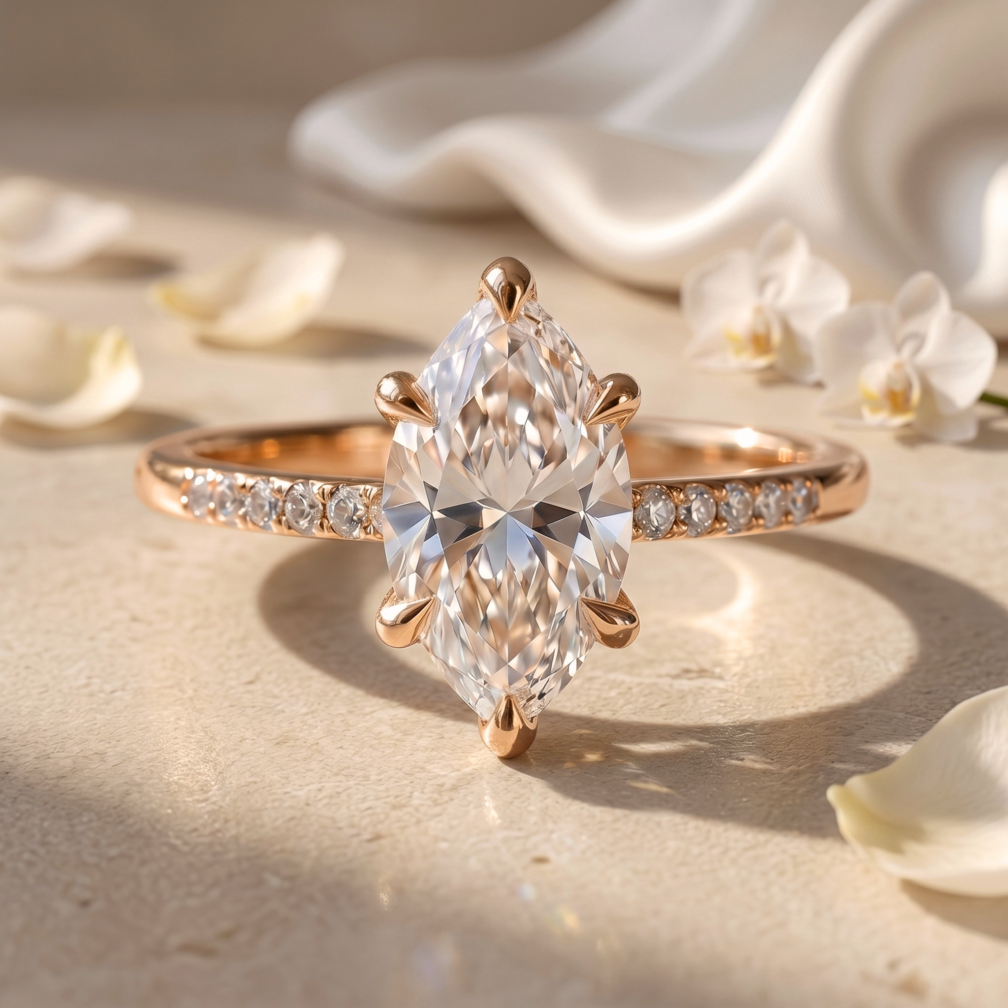 A beautiful marquise-cut moissanite engagement ring featuring a pave band in rose gold.