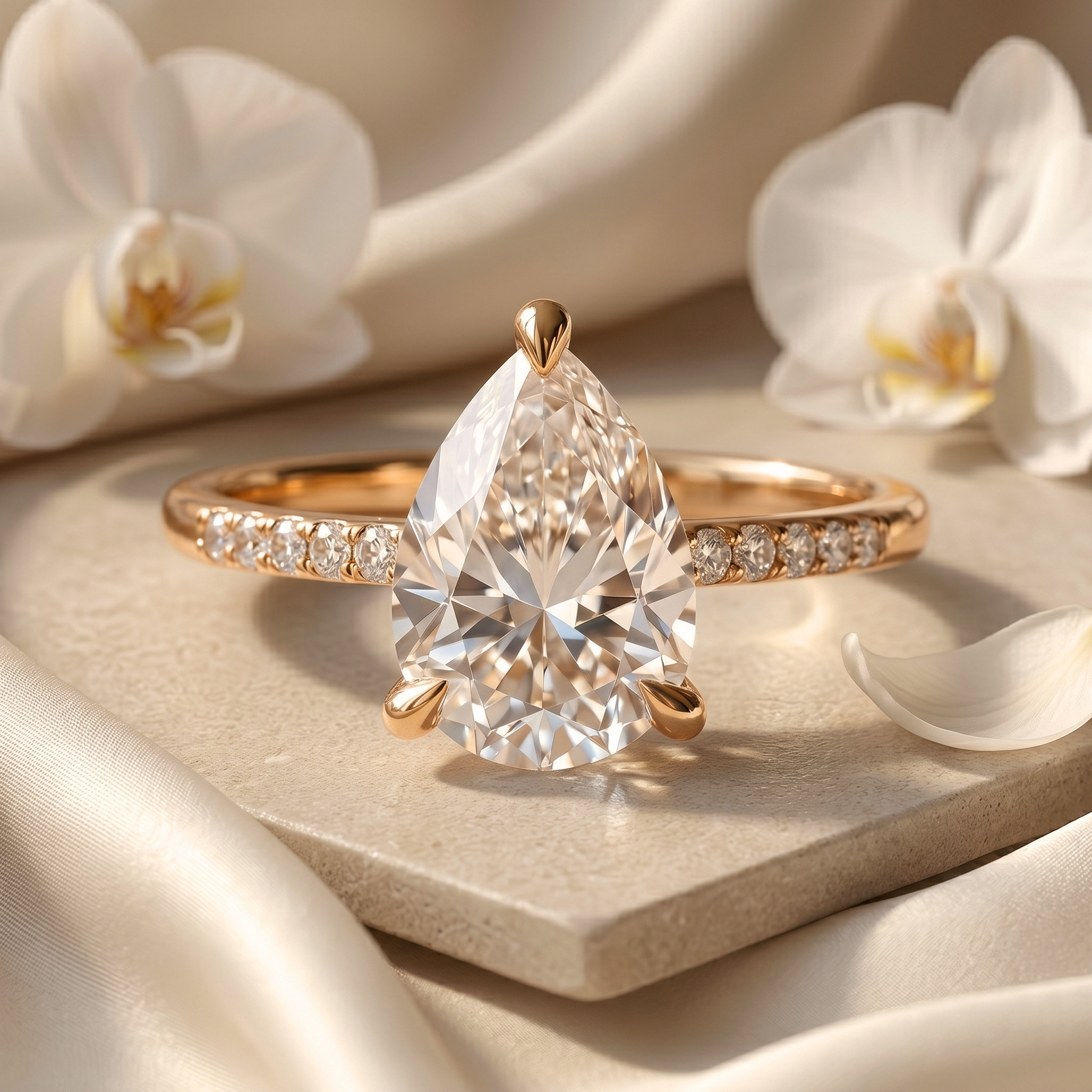 A stunning pear-cut moissanite engagement ring in a rose gold pavé setting, beautifully presented on a stone surface with orchids.