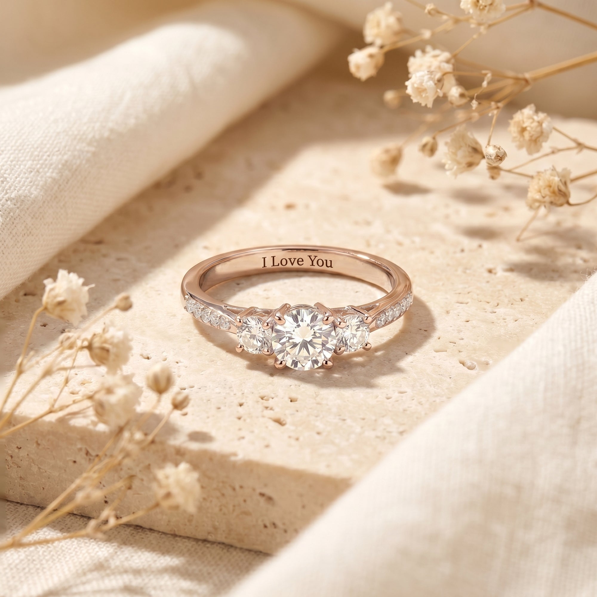 Rose gold Roselysse ring featuring a round cut simulated diamond and I Love You engraving in a lifestyle setting.