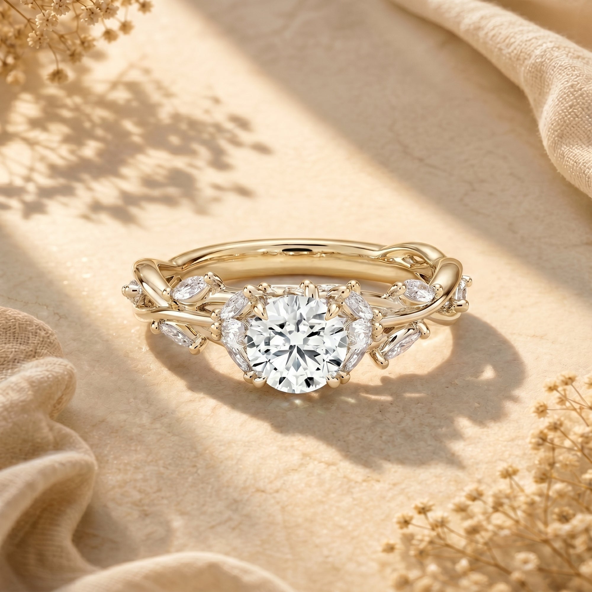 Yellow gold finish Calyxta moissanite ring featuring a round center stone and marquise-cut side stones.