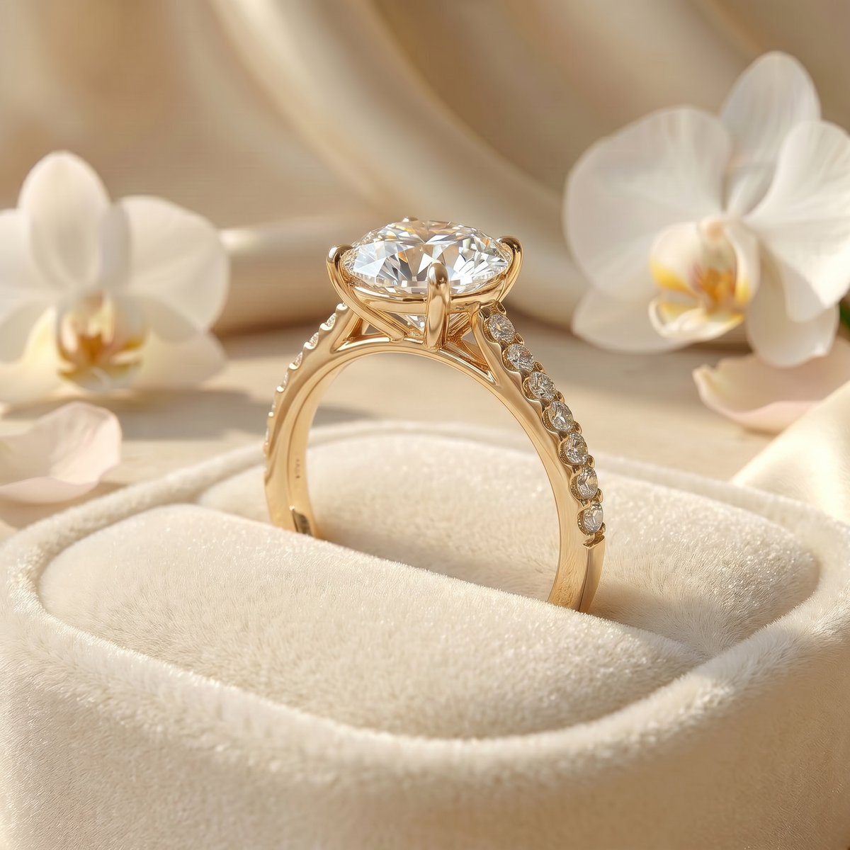 Side profile view of a yellow gold round moissanite engagement ring showcasing its intricate under-gallery and paved band in a beige velvet box.