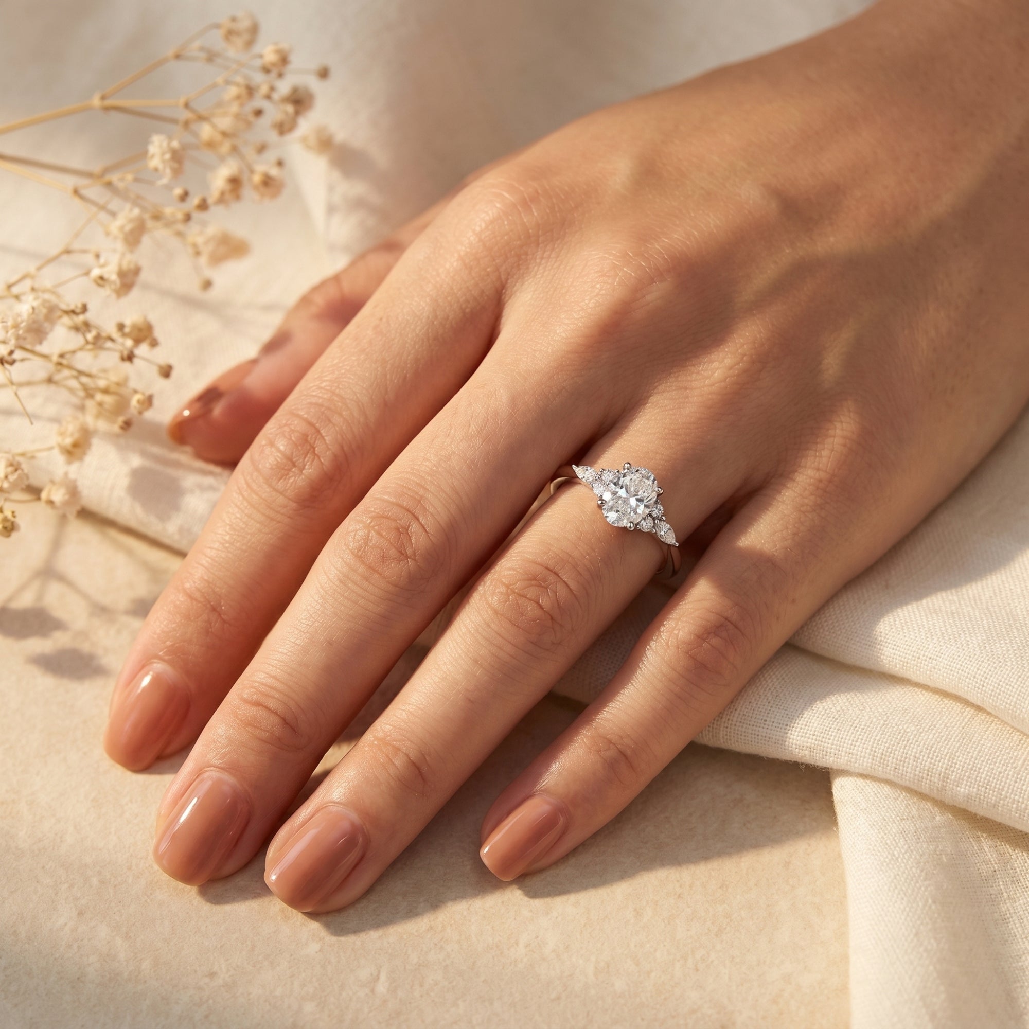 Silver oval moissanite ring on a finger showing product scale.
