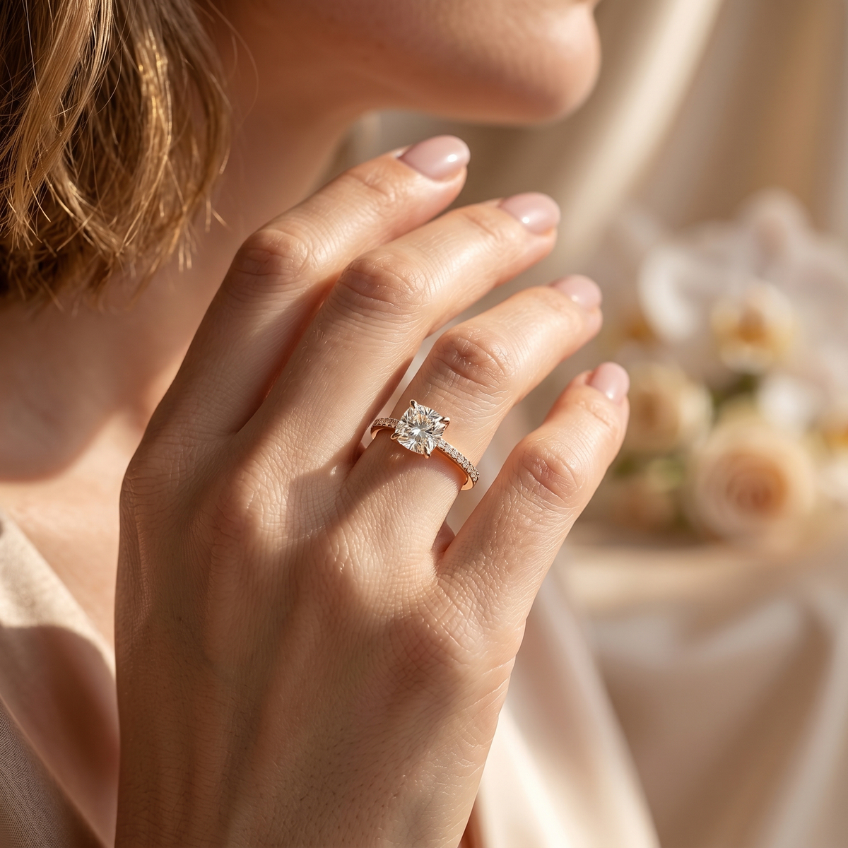 Close-up of a woman wearing a yellow gold cushion-cut moissanite engagement ring, highlighting its brilliant sparkle in the sunlight.