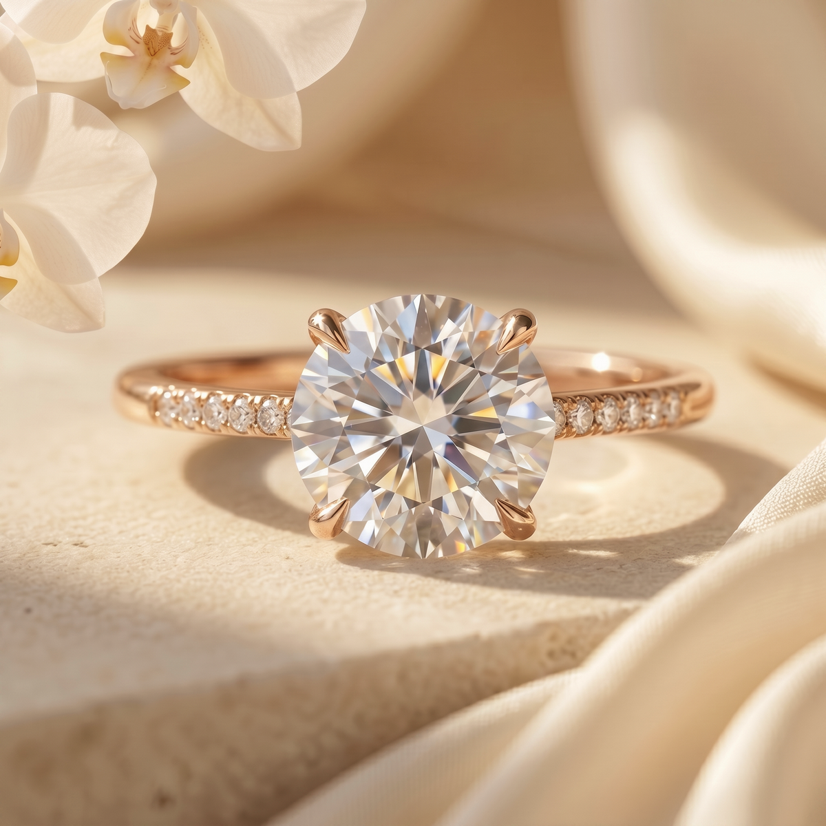 A classic round-cut moissanite engagement ring with a rose gold pavé band.