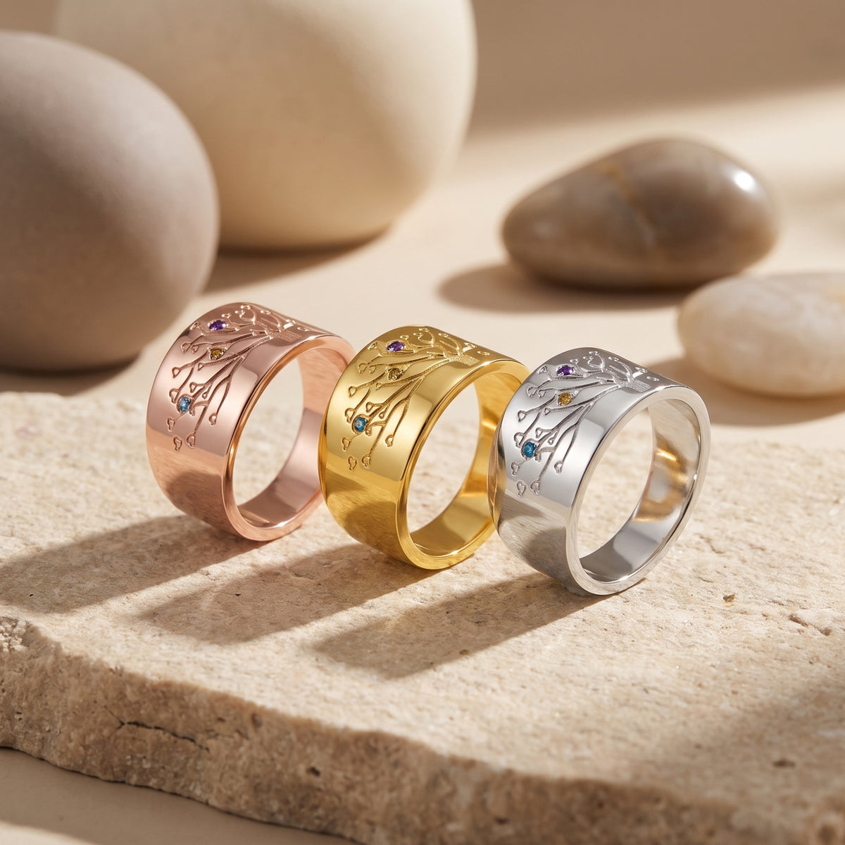 Personalized solid gold family tree ring with simulated birthstones.