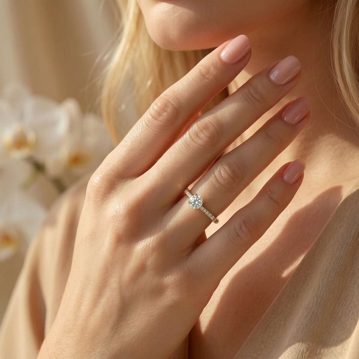 A close-up lifestyle image of a gold paved moissanite engagement ring shining on a model's hand.