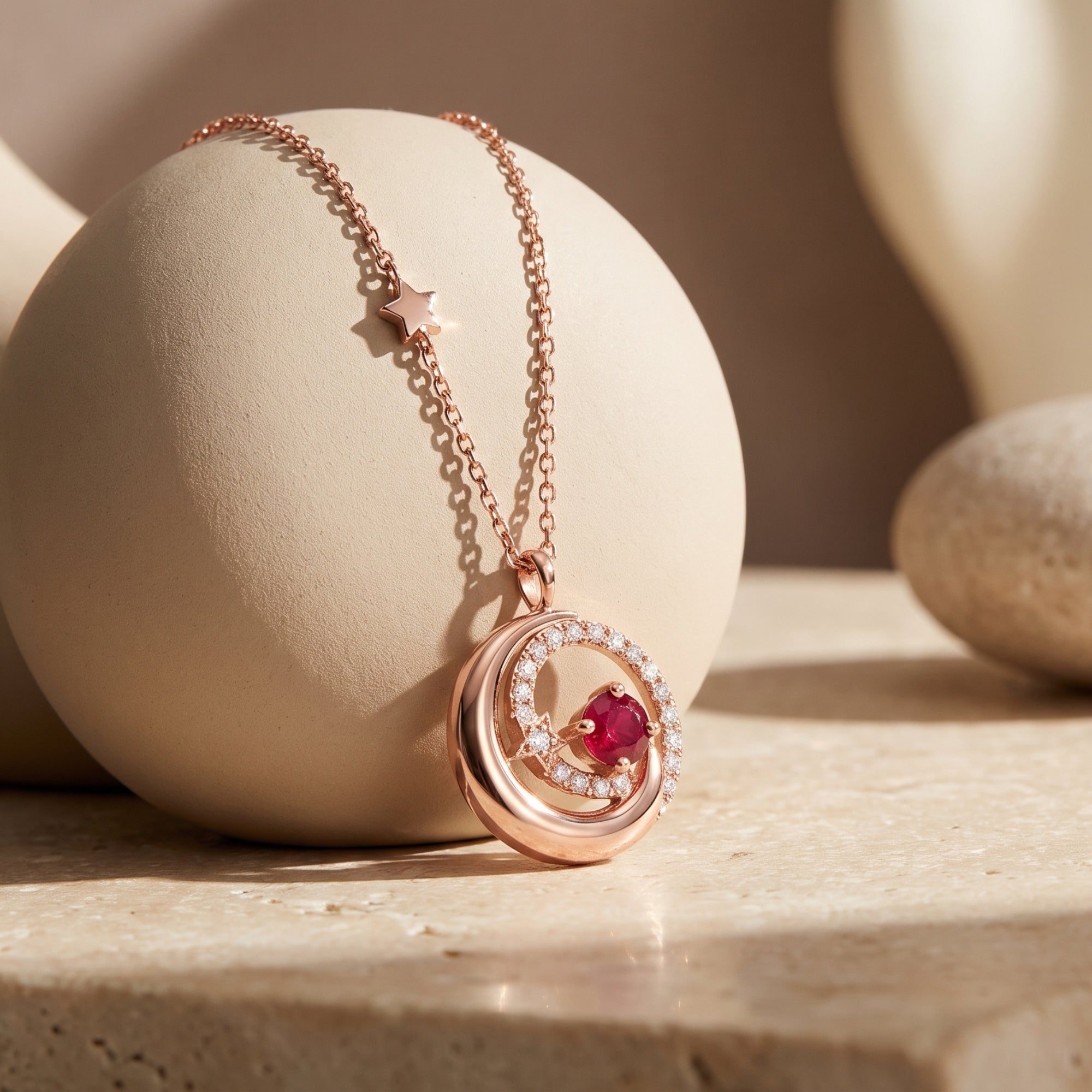 Solid gold crescent moon birthstone necklace with Zirconia stars, a celestial pendant.