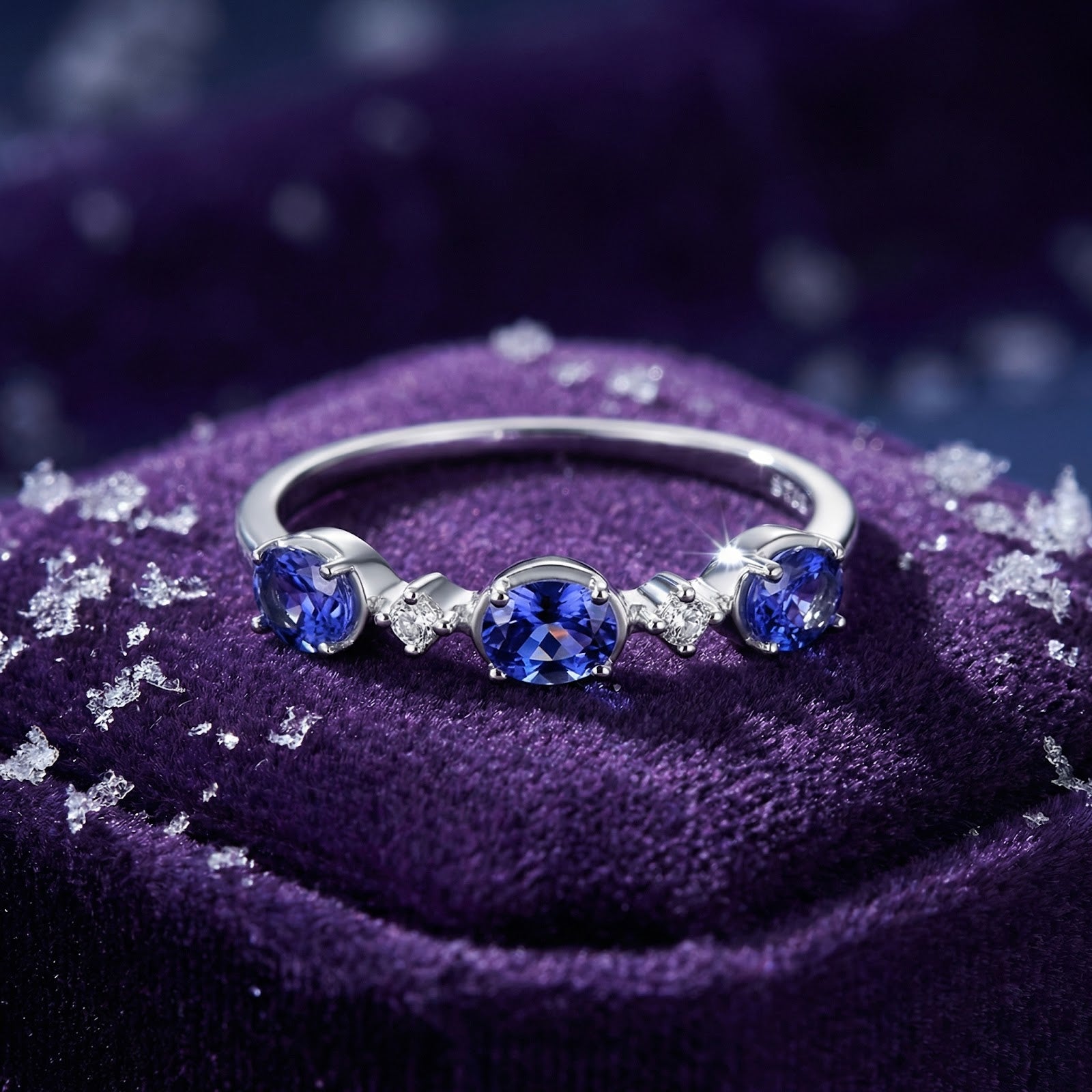 Marissara Trinity Ring in S925 sterling silver with three blue simulated tanzanite stones on purple velvet.